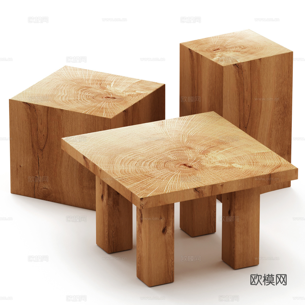 新中式原木风实木茶几 木凳3d模型