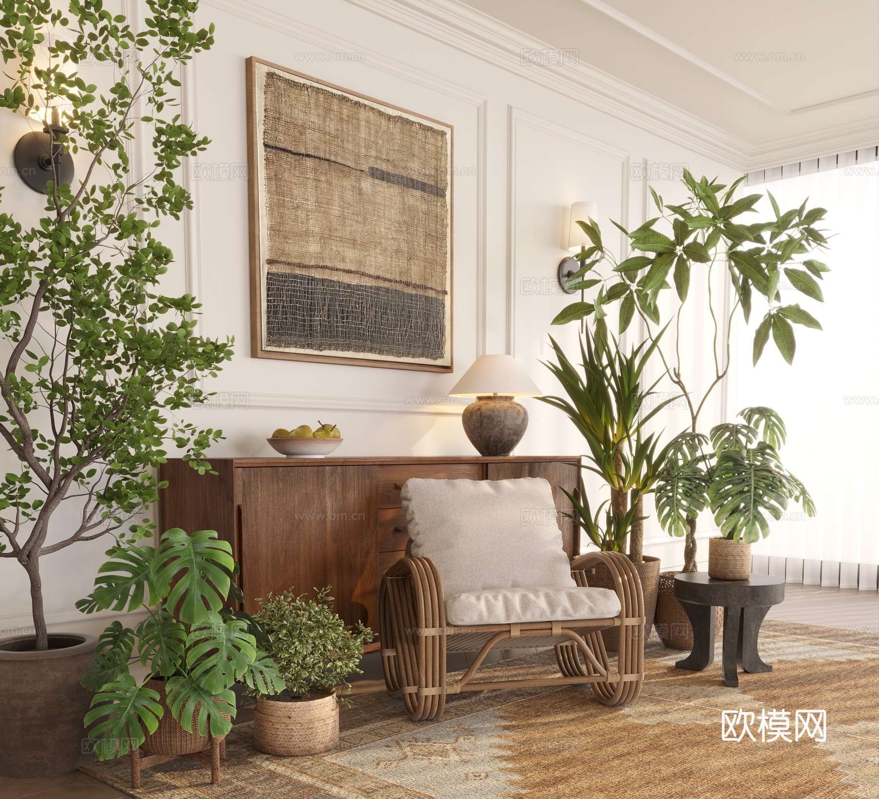 玄关柜边柜矮柜藤椅休闲椅摇椅绿植盆栽挂画肌理画台灯摆件梨果盘3d模型下载