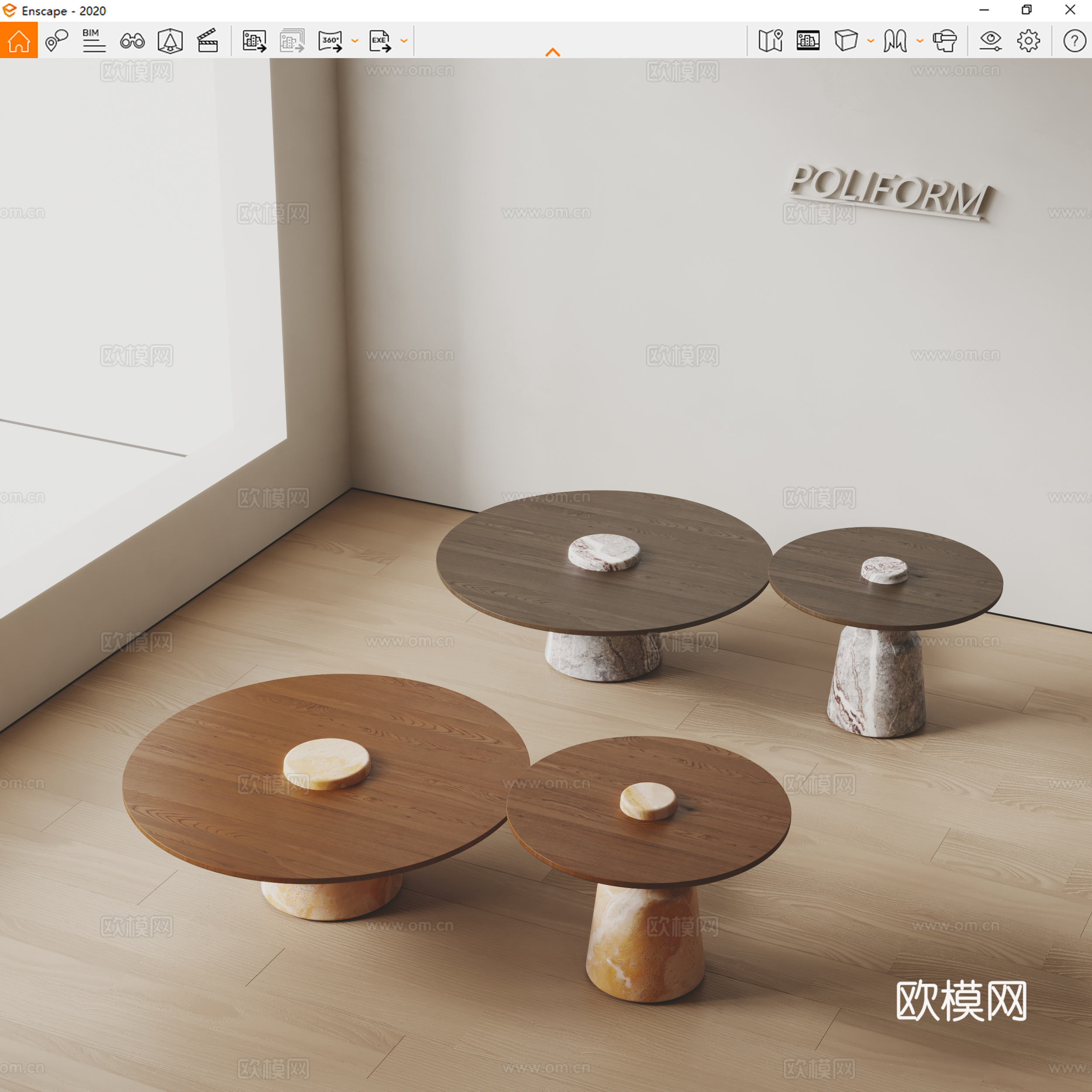 poliform现代茶几 中古风茶几 实木茶几 子母茶几su模型