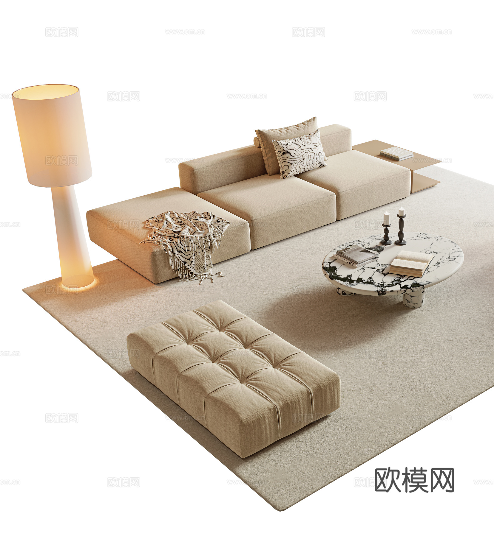 现代极简风沙发茶几组合 多人沙发 组合沙发 直排沙发 茶几3d模型