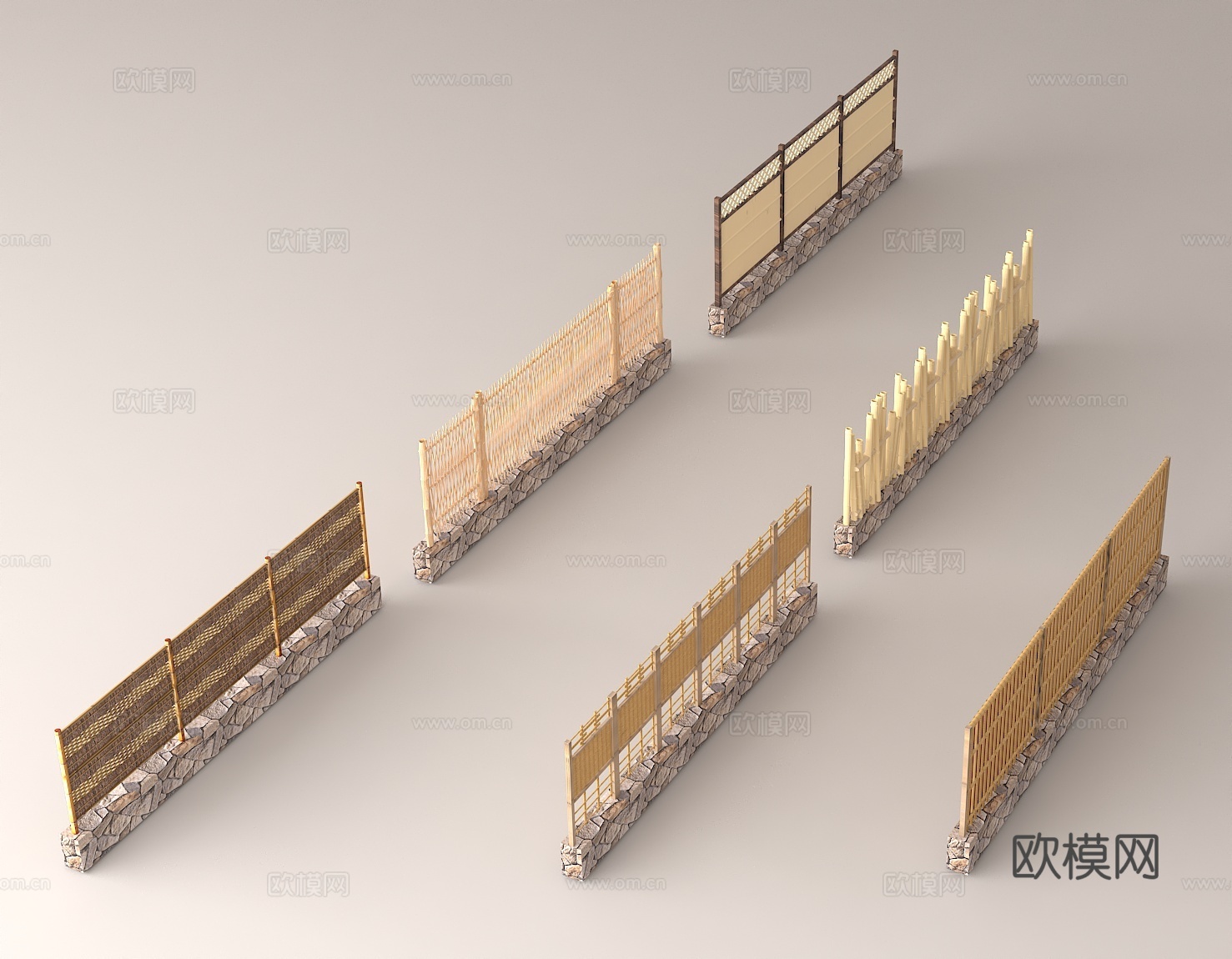 日式竹篱 庭院围栏 景观小品 石基竹栏 户外装饰 竹制围栏3d模型