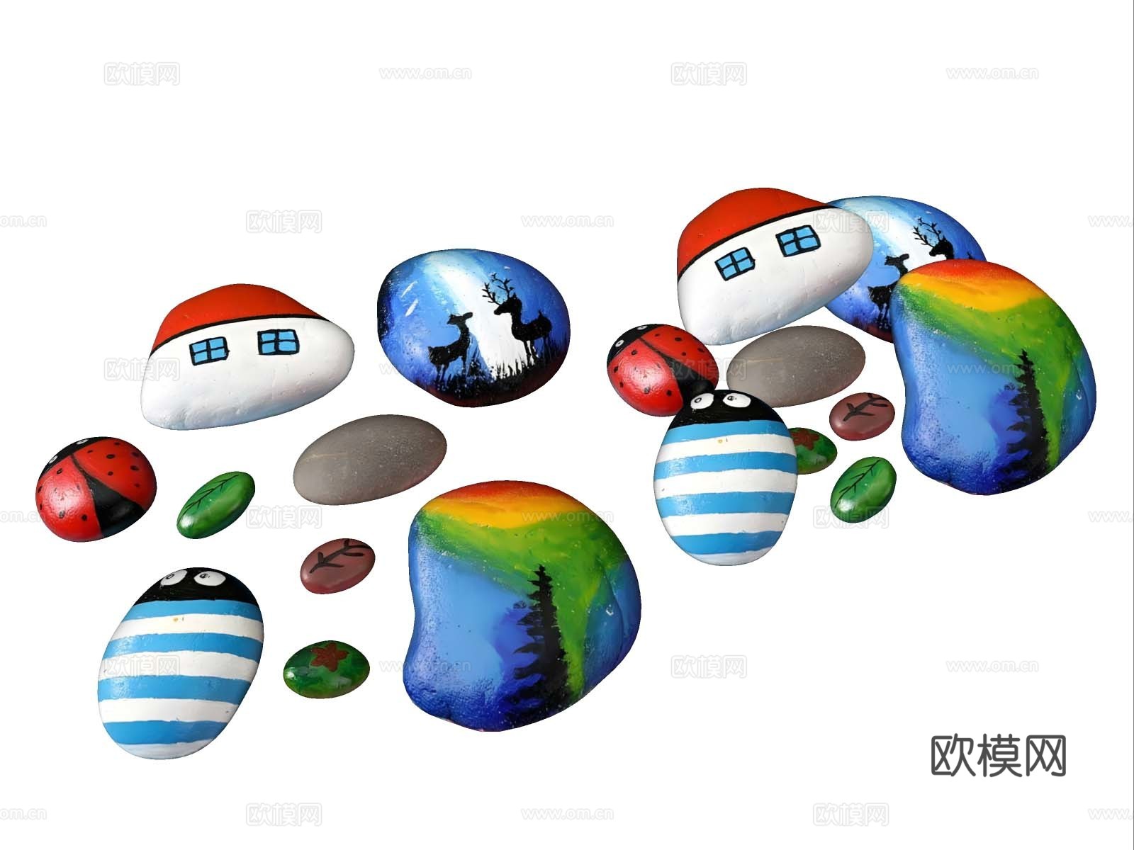 现代彩绘卵石  卵石画  彩绘石头 溪流石绘画su模型