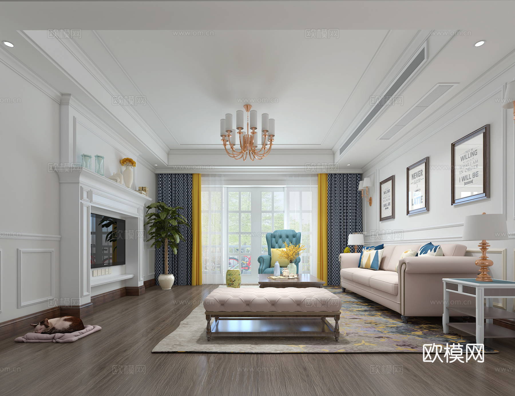 简欧客厅 沙发 茶几 吊灯 挂画3d模型