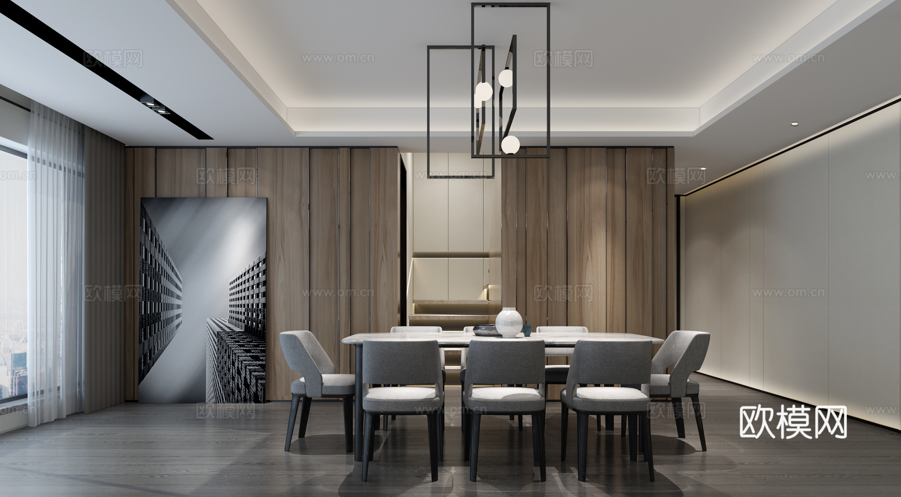 现代客餐厅 沙发茶几 电视柜背景墙 餐桌椅 吊灯 装饰画3d模型