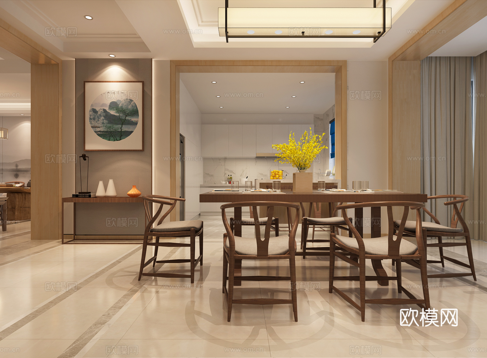 新中式客餐厅 厨房 水吧台 茶台 休闲区 沙发 茶几 吊3d模型
