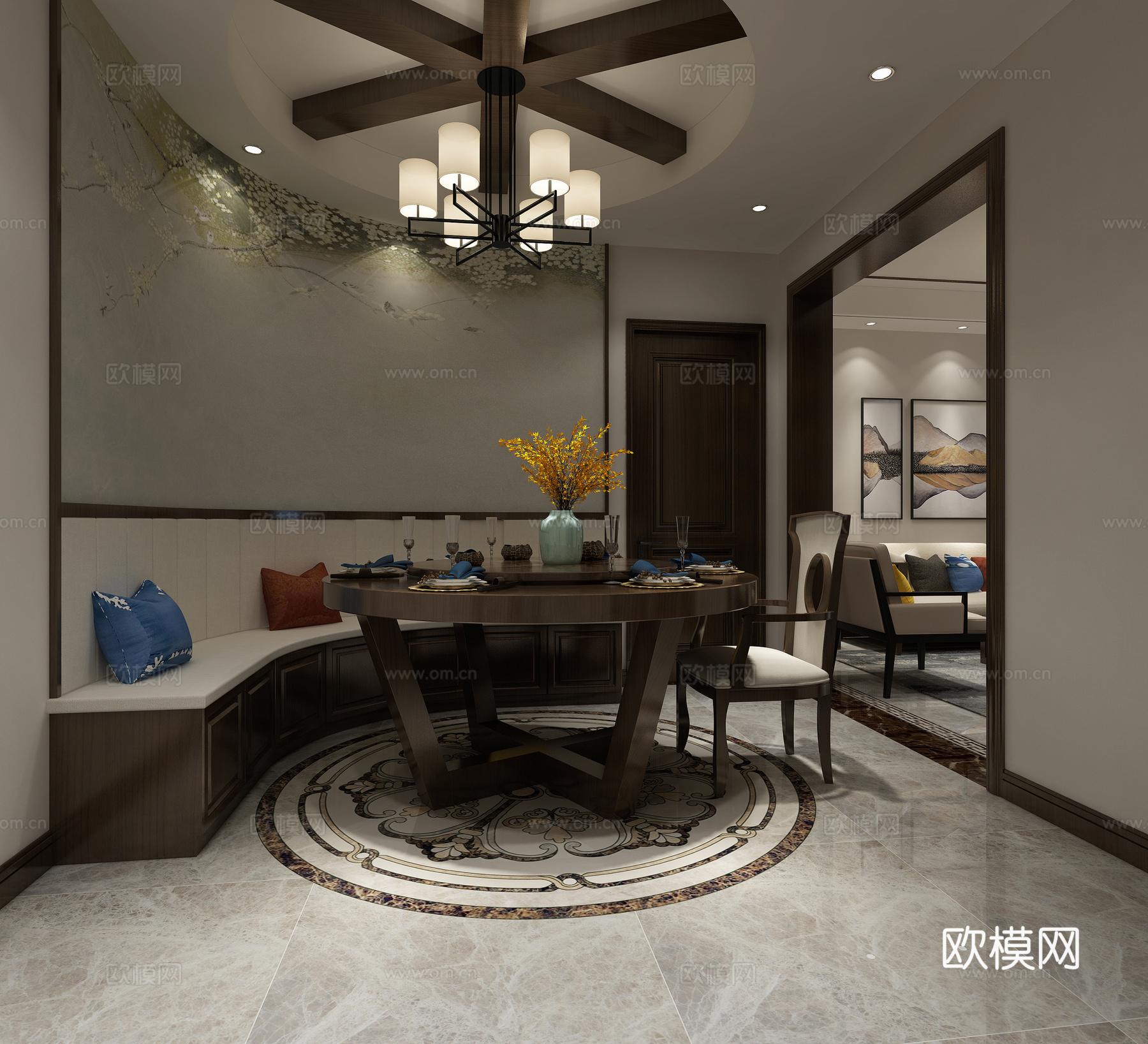 新中式客厅 沙发 茶几 吊灯 电视柜 挂画 边柜3d模型