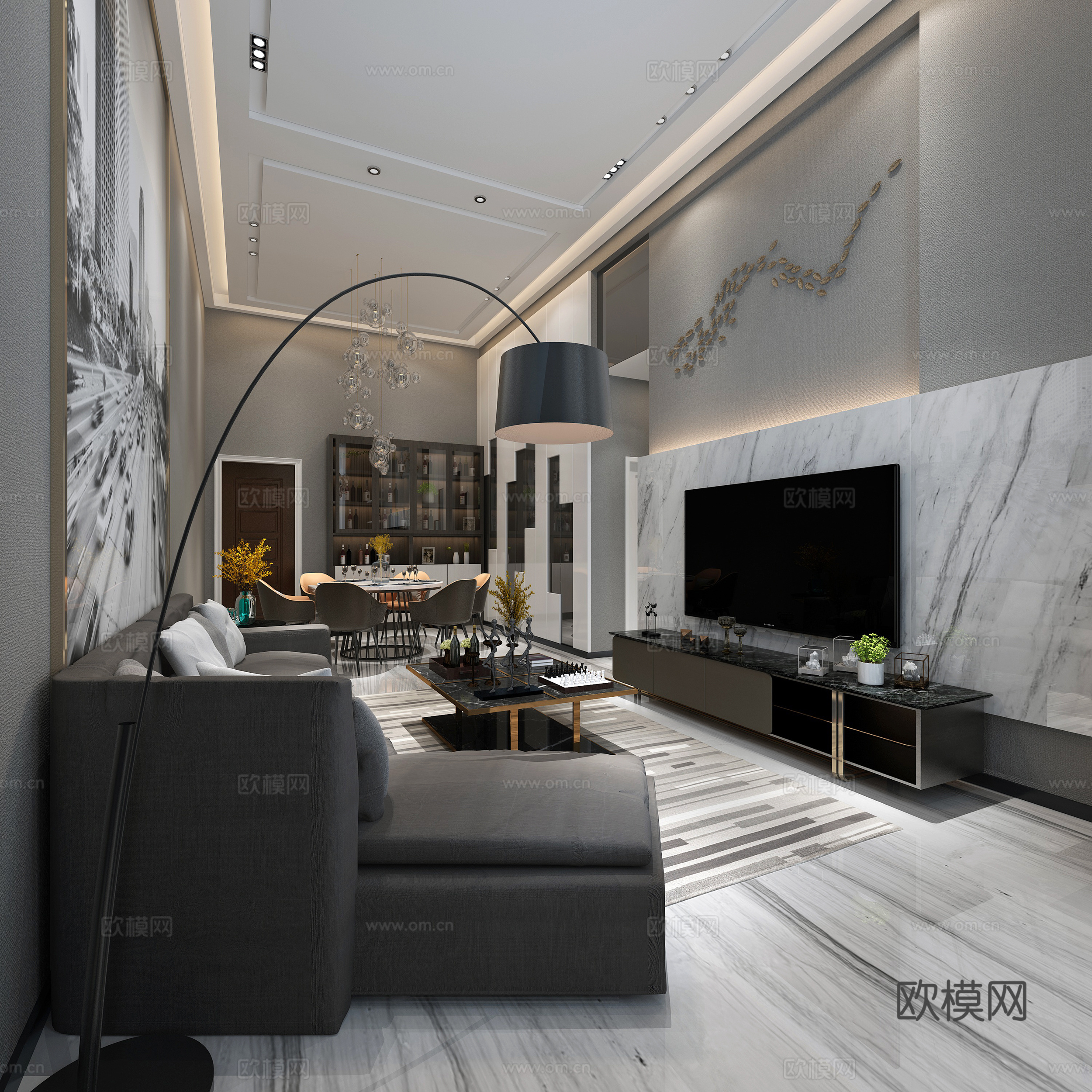 现代客餐厅 沙发 茶几 吊灯 电视柜 挂画 边柜 餐桌椅3d模型