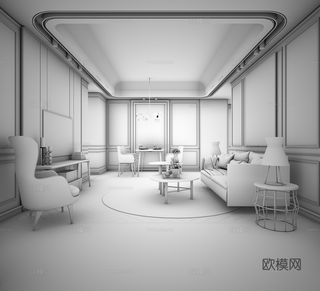 欧式简约客餐厅  沙发 茶几 电视柜 吊灯 餐桌椅3d模型
