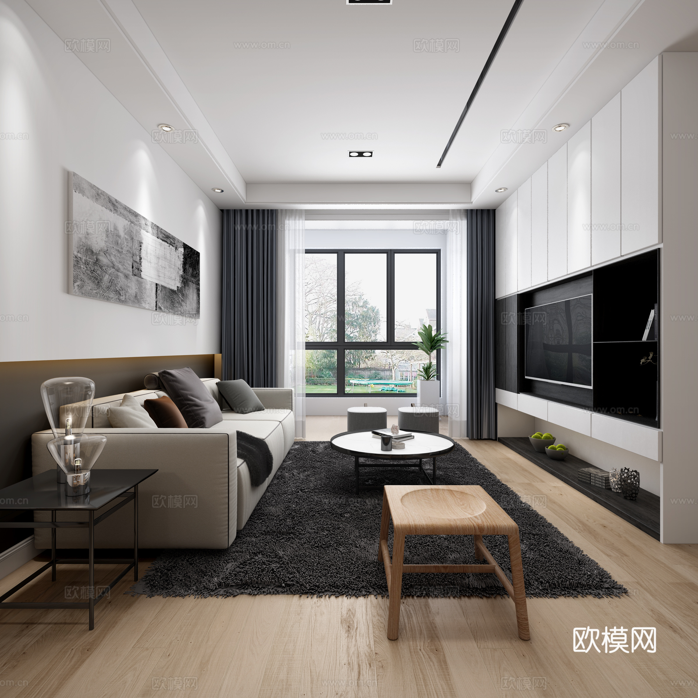 现代黑白客餐厅 沙发 茶几 地毯 吊灯 摆件 电视柜 电3d模型