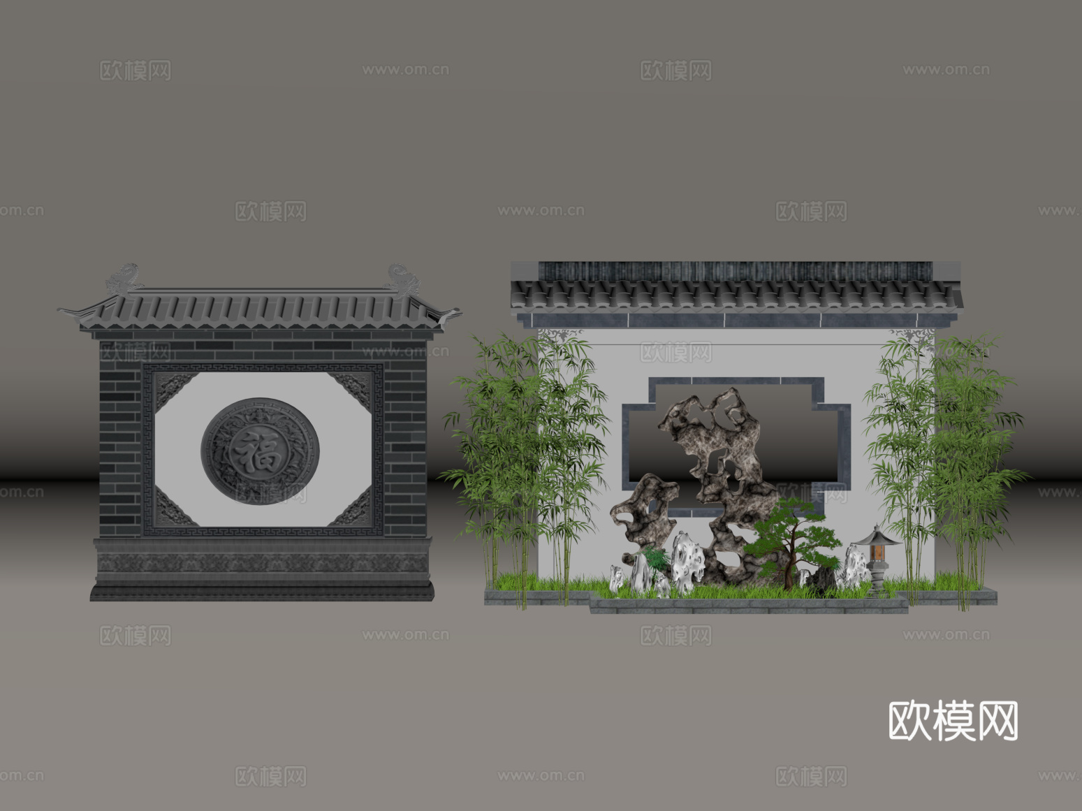 09影壁墙 中式景墙 照壁 影壁墙 景观su模型