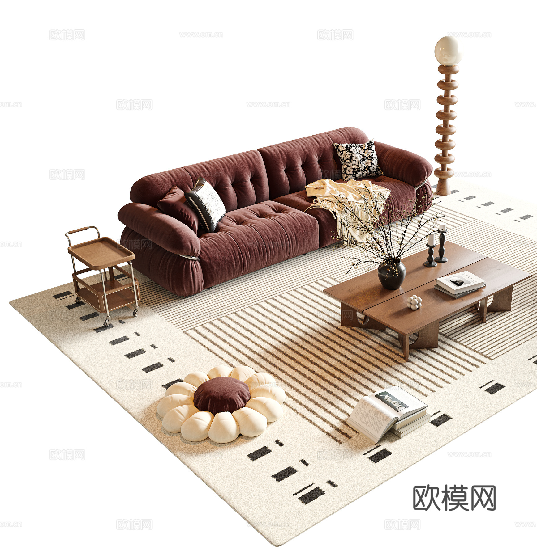 中古风沙发茶几组合 组合沙发 多人沙发 直排沙发 实木茶几3d模型
