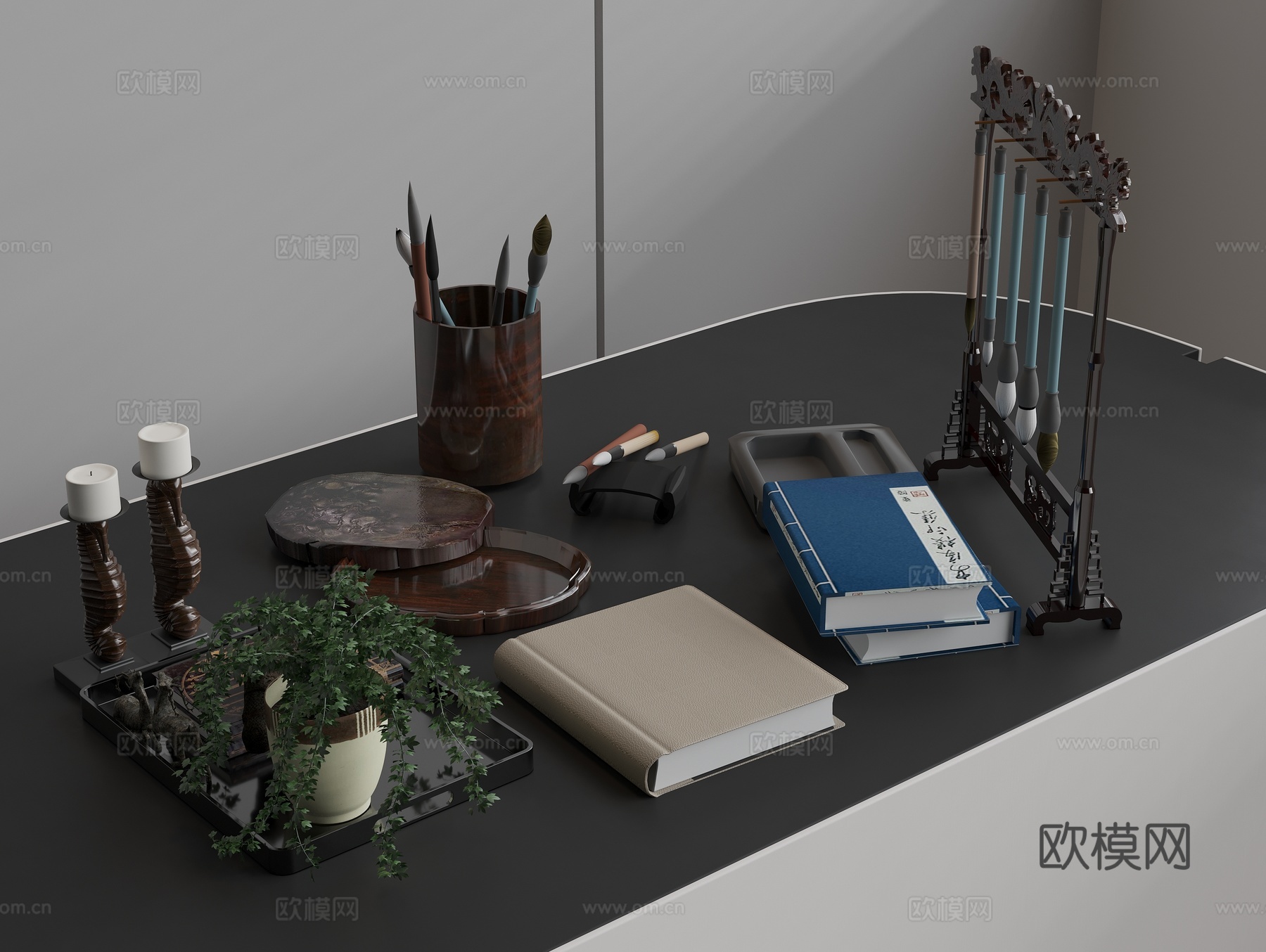 毛笔 笔筒 笔架 砚台 书籍 蜡烛 花盆绿植3d模型