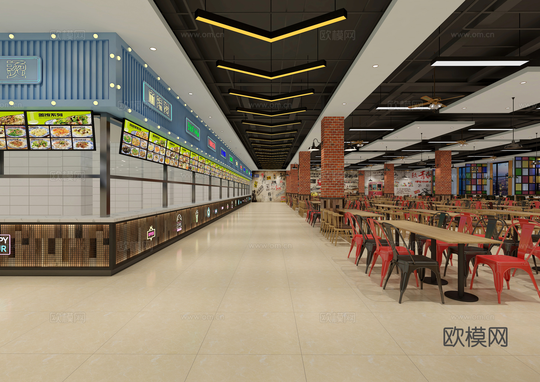 工业风食堂 大学食堂 学校食堂 员工餐厅 员工食堂 美食城su模型