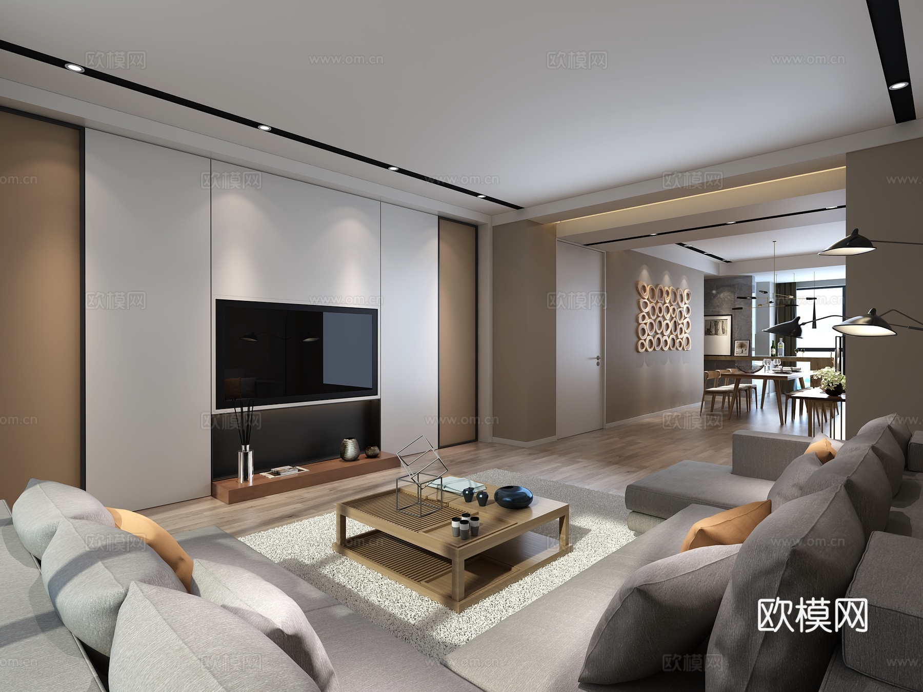 现代客餐厅 电视背景 吊灯 吧台3d模型