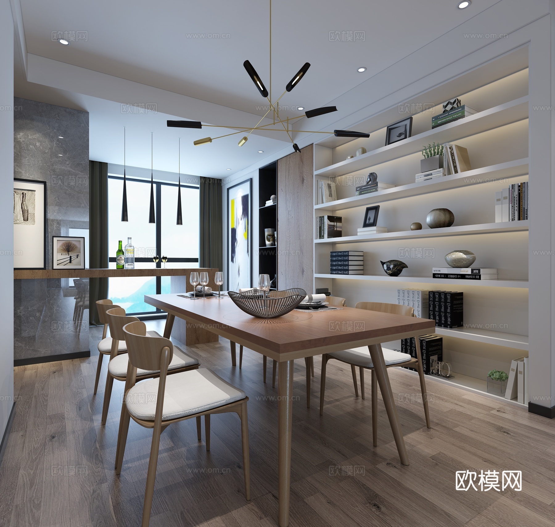 现代客餐厅 电视背景 吊灯 吧台3d模型