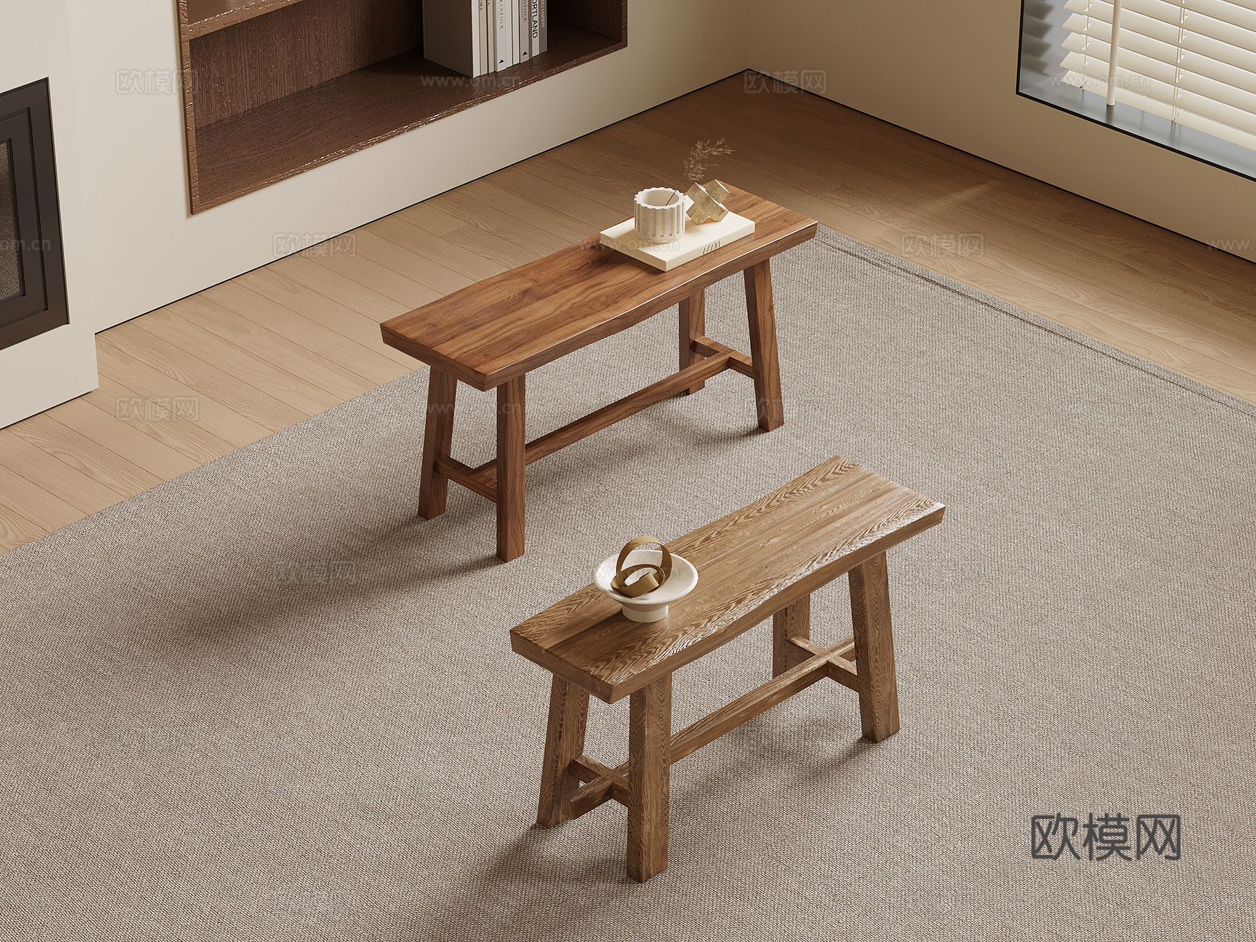 02长凳 中古风实木长凳 凳子 换鞋凳3d模型