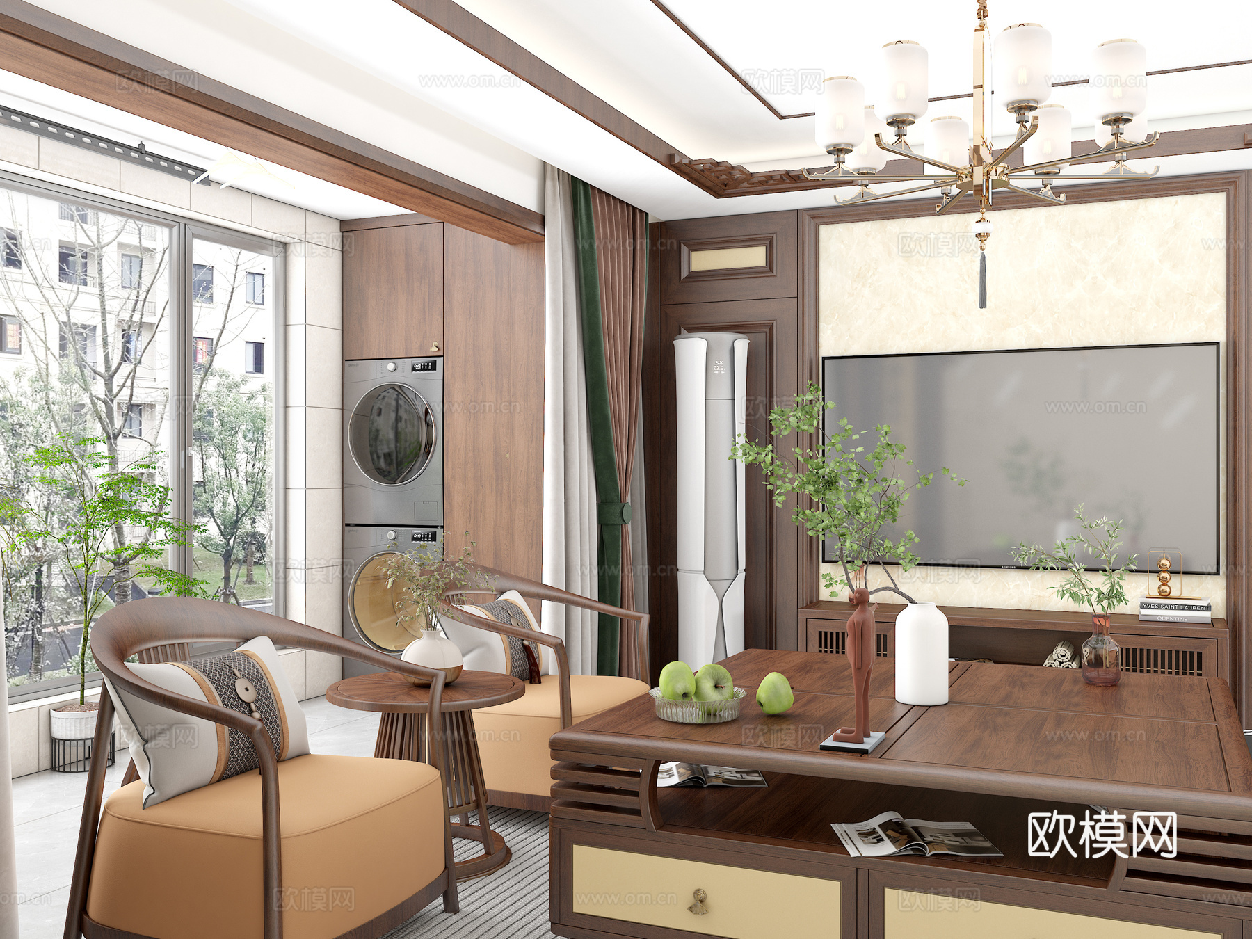 新中式客厅 电视柜背景墙 沙发茶几组合 圈椅3d模型