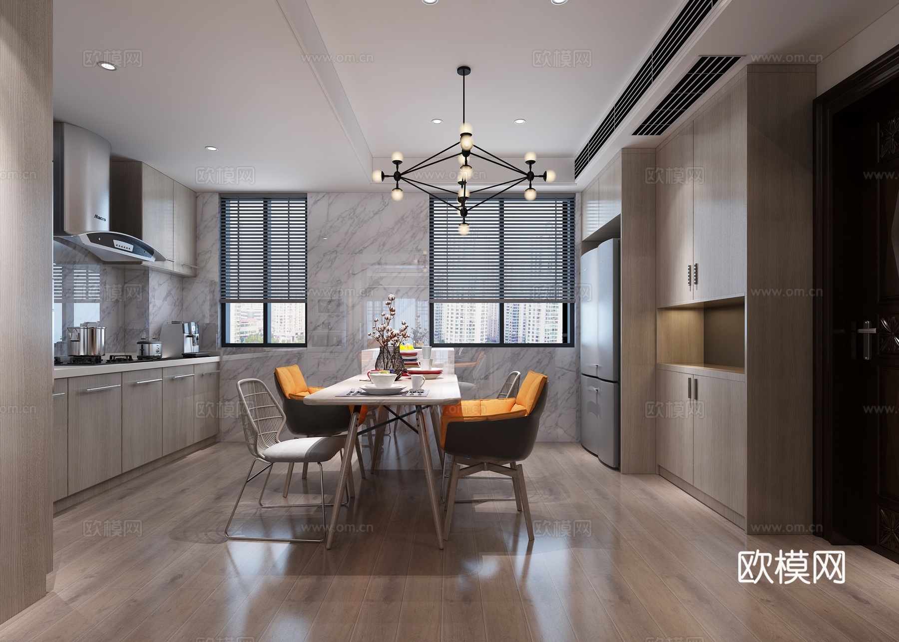现代客餐厅 狗 吊灯 装饰画 绿植3d模型