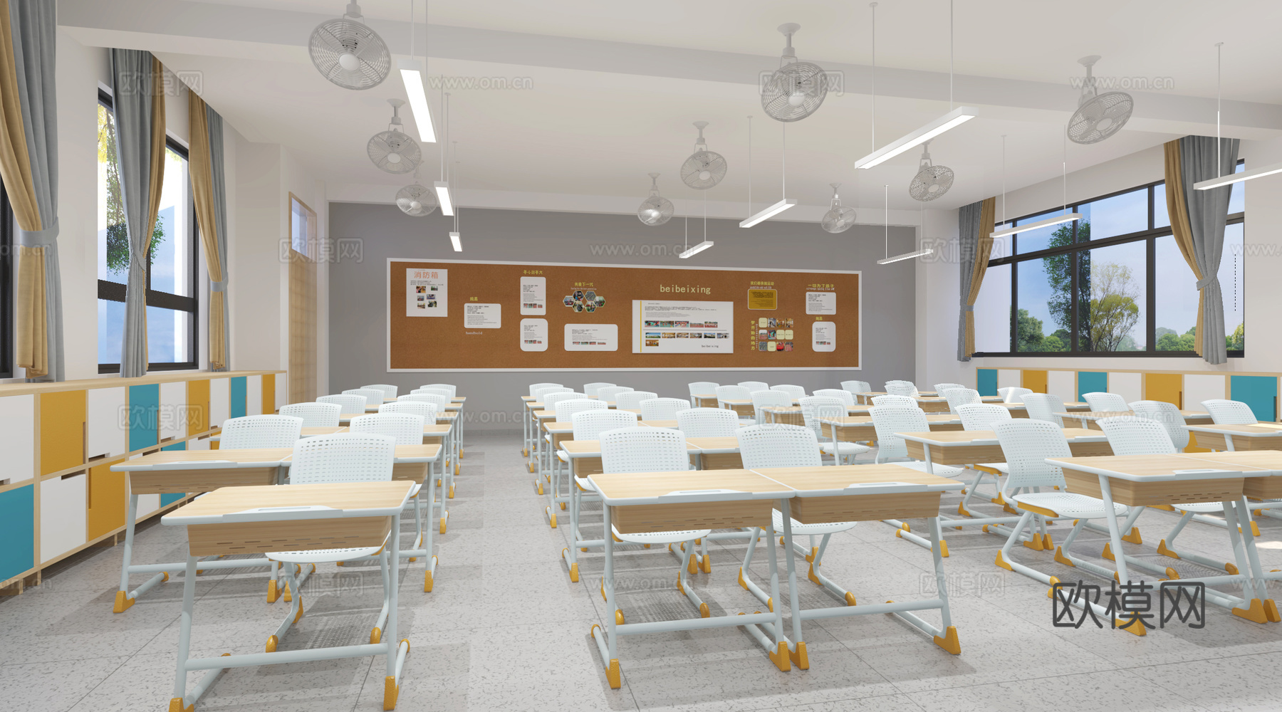 学生普通教室 学生课桌椅 教室储物柜3d模型