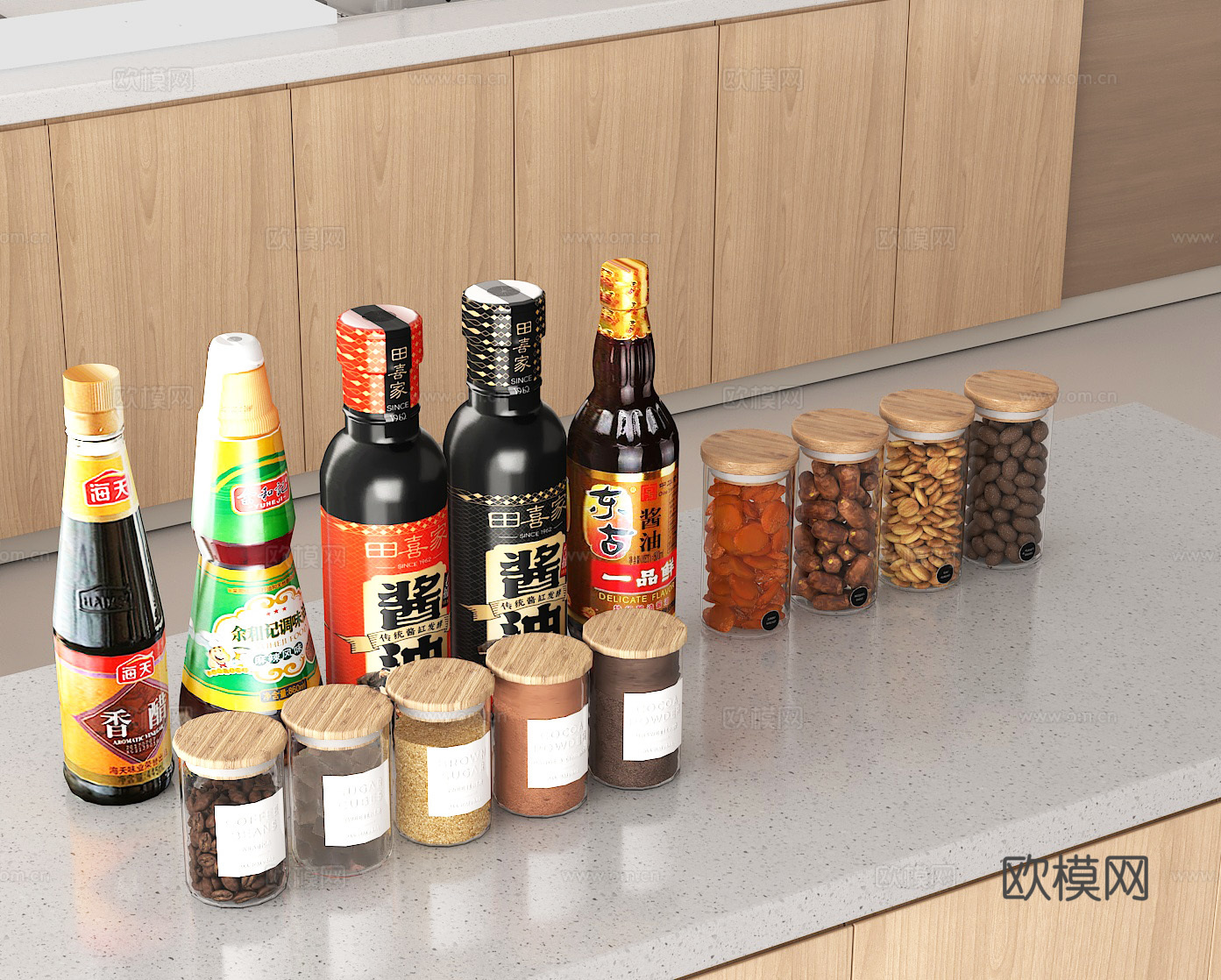 厨房调味收纳 食材储物罐 厨房台面布置 调味品集合 玻璃密封su模型