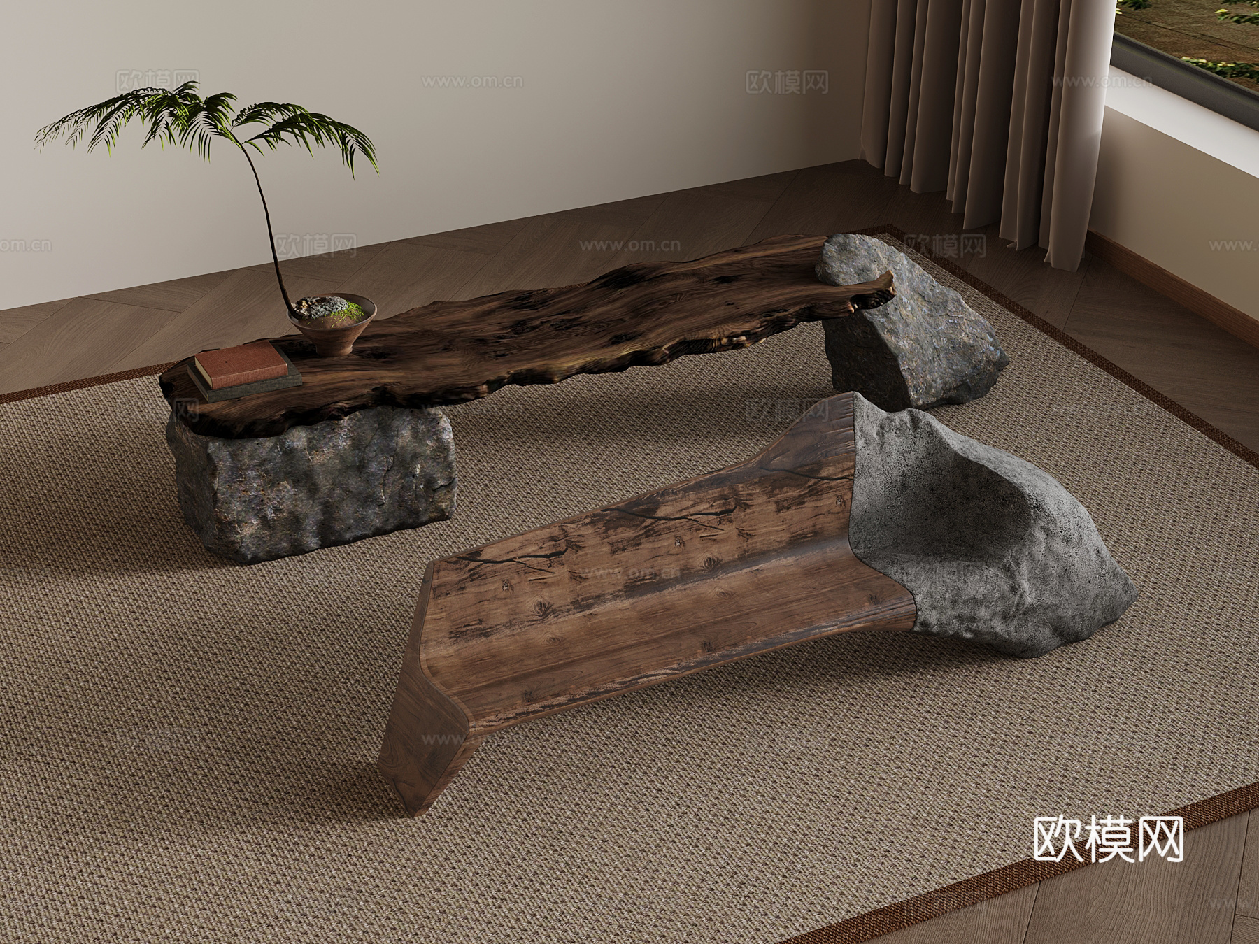 24侘寂风毛石换鞋凳 长凳3d模型