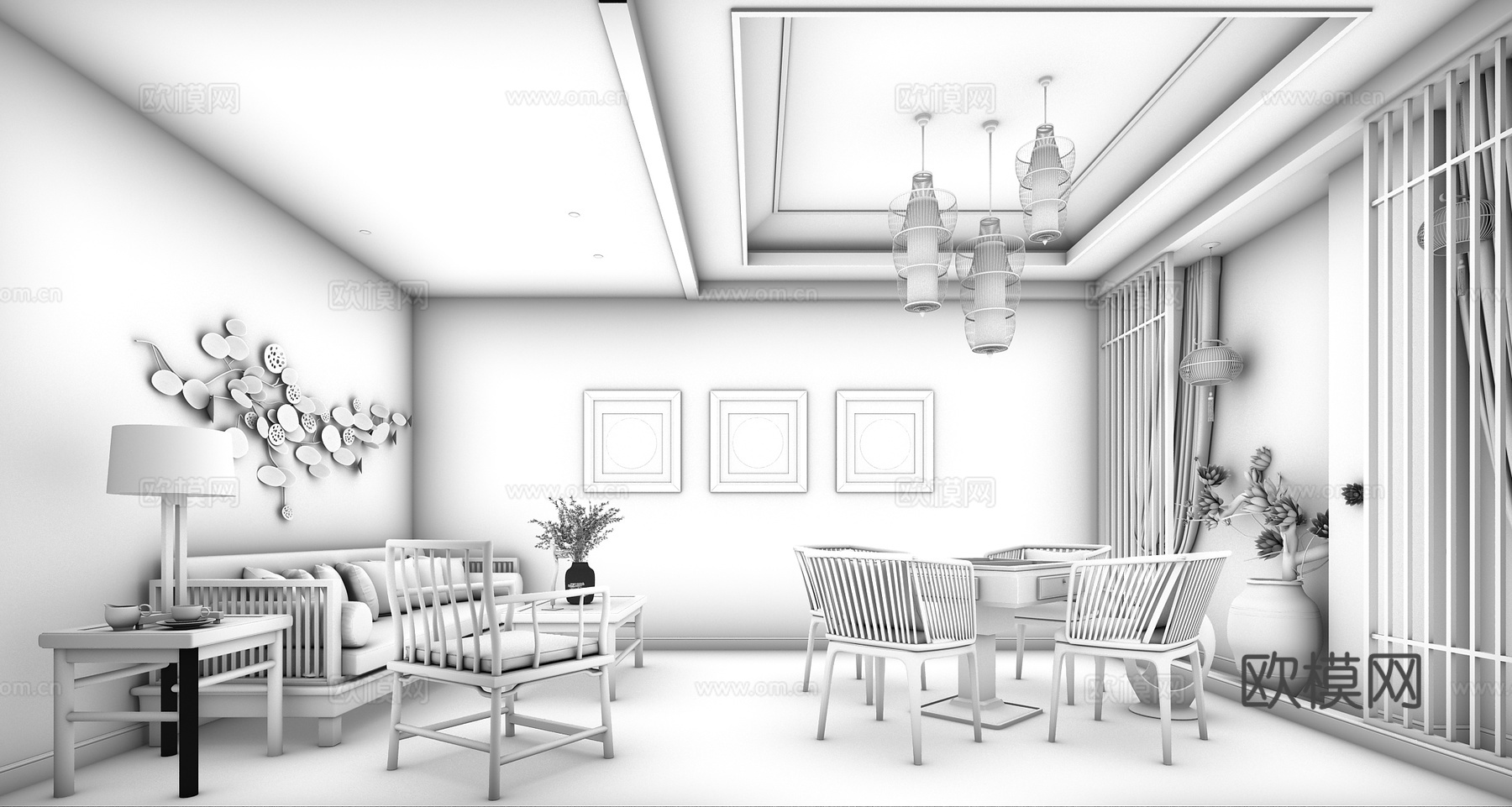 欧式简约客餐厅 沙发 茶几 吊灯 电视柜 挂画 边柜 餐桌椅3d模型