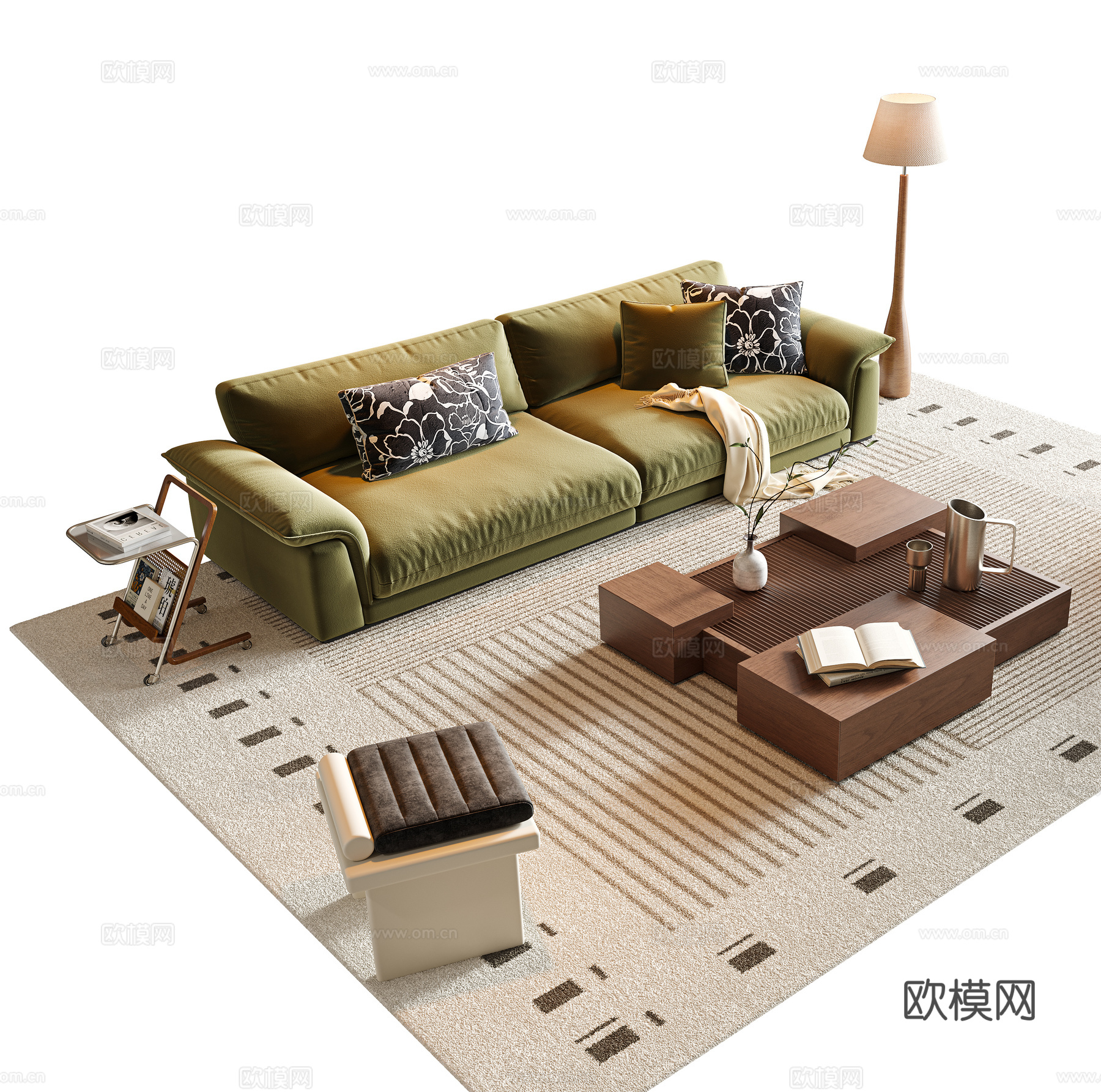 中古风沙发茶几组合 多人沙发 组合沙发 直排沙发 实木茶几3d模型
