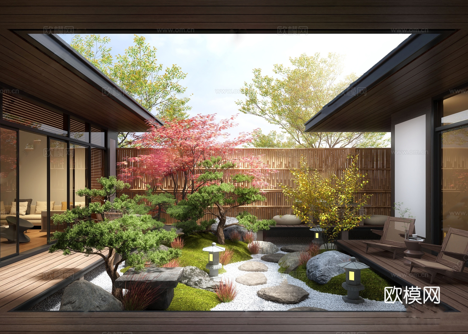新中式禅意别墅庭院 中庭景观造型 庭院景观su模型