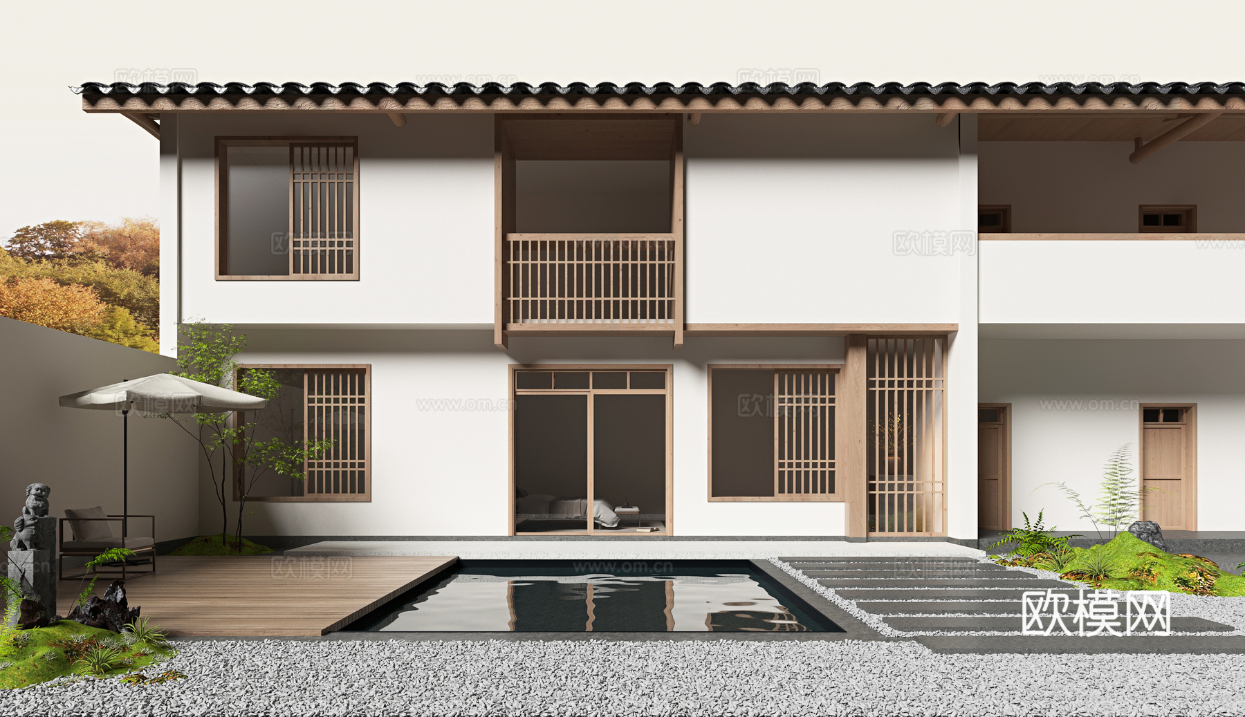 新中式民宿建筑 民宿庭院 庭院景观3d模型