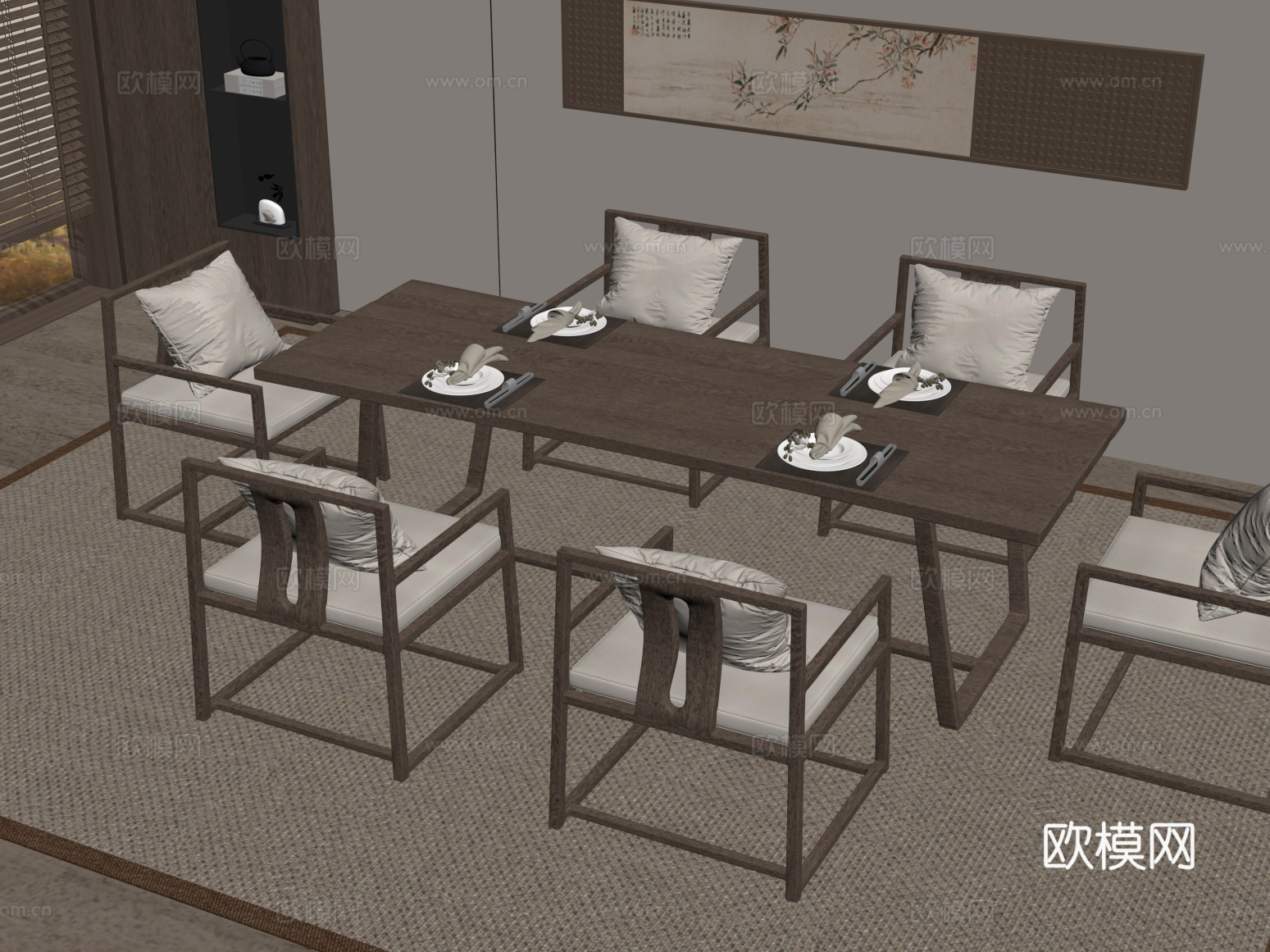 25新中式餐桌椅 餐具su模型