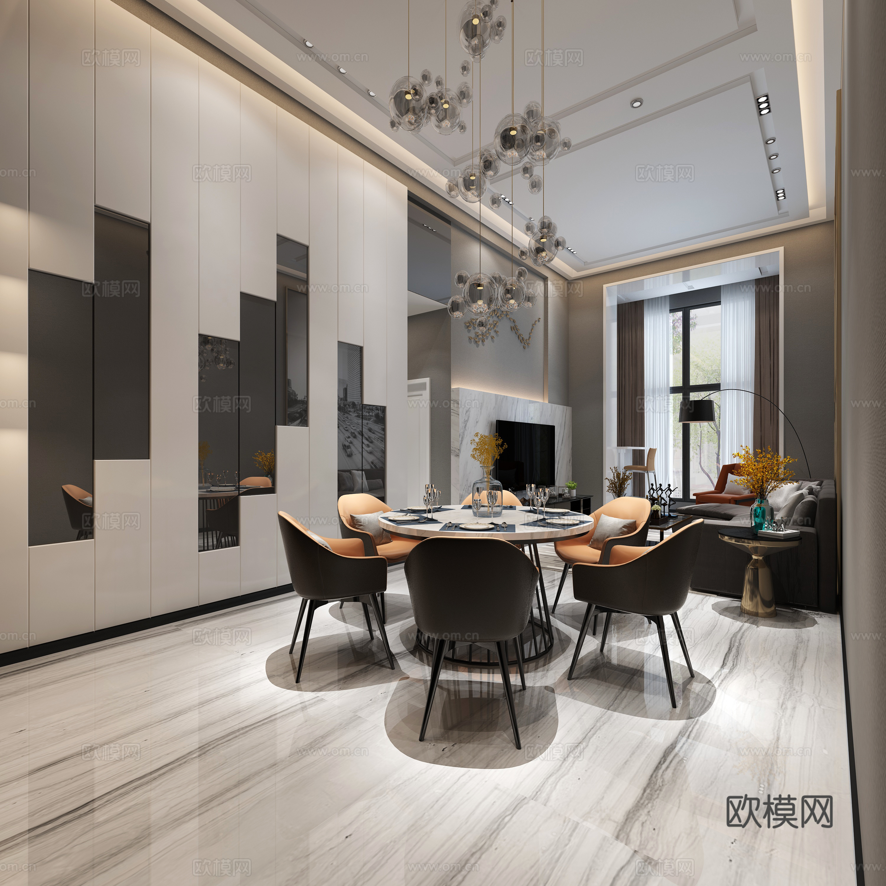 现代客餐厅 沙发 茶几 吊灯 电视柜 挂画 边柜 餐桌椅3d模型