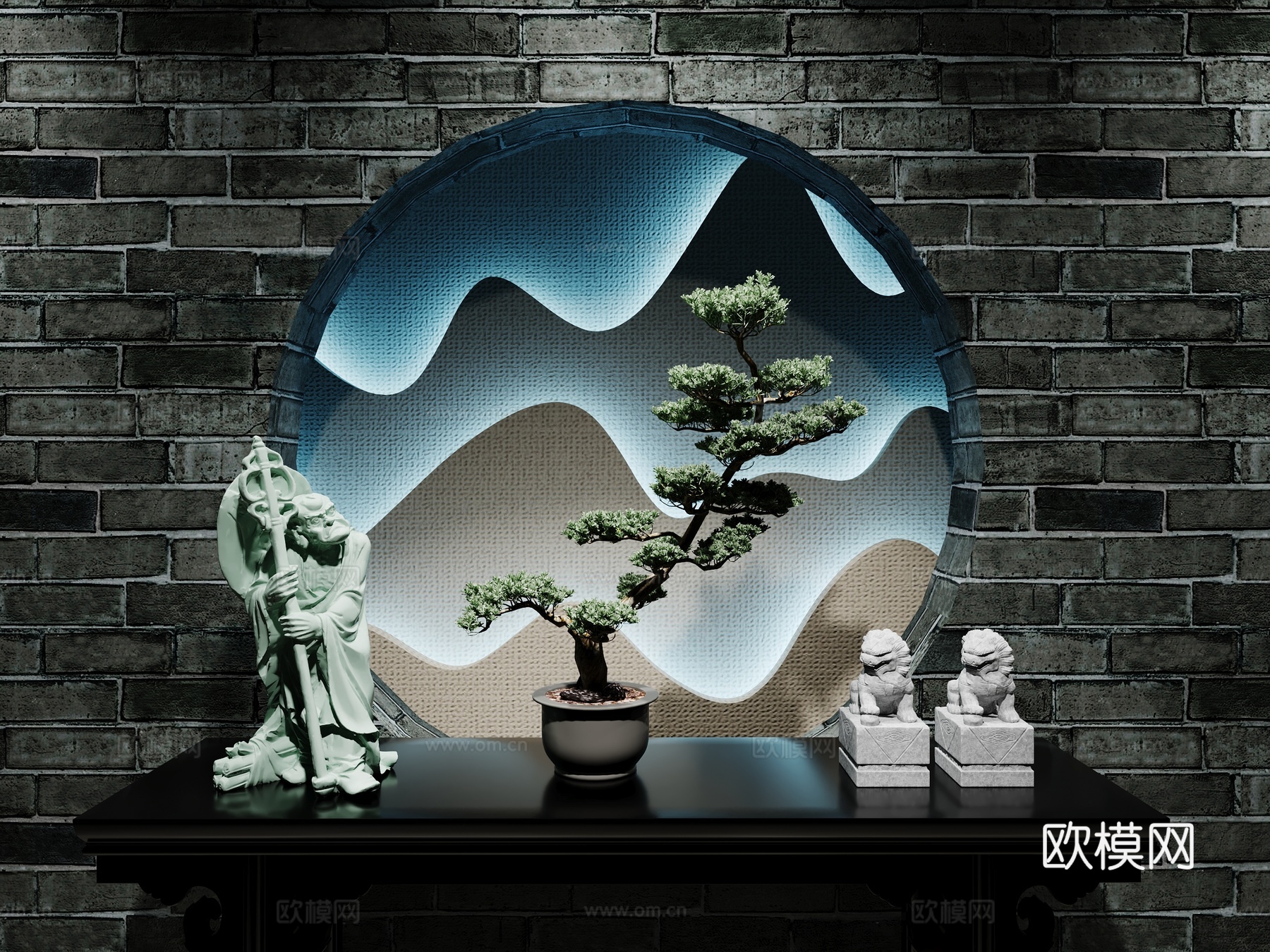 中式端景台雕塑盆景组合中式玄关柜圆形墙饰摆件罗汉植物石狮子3d模型