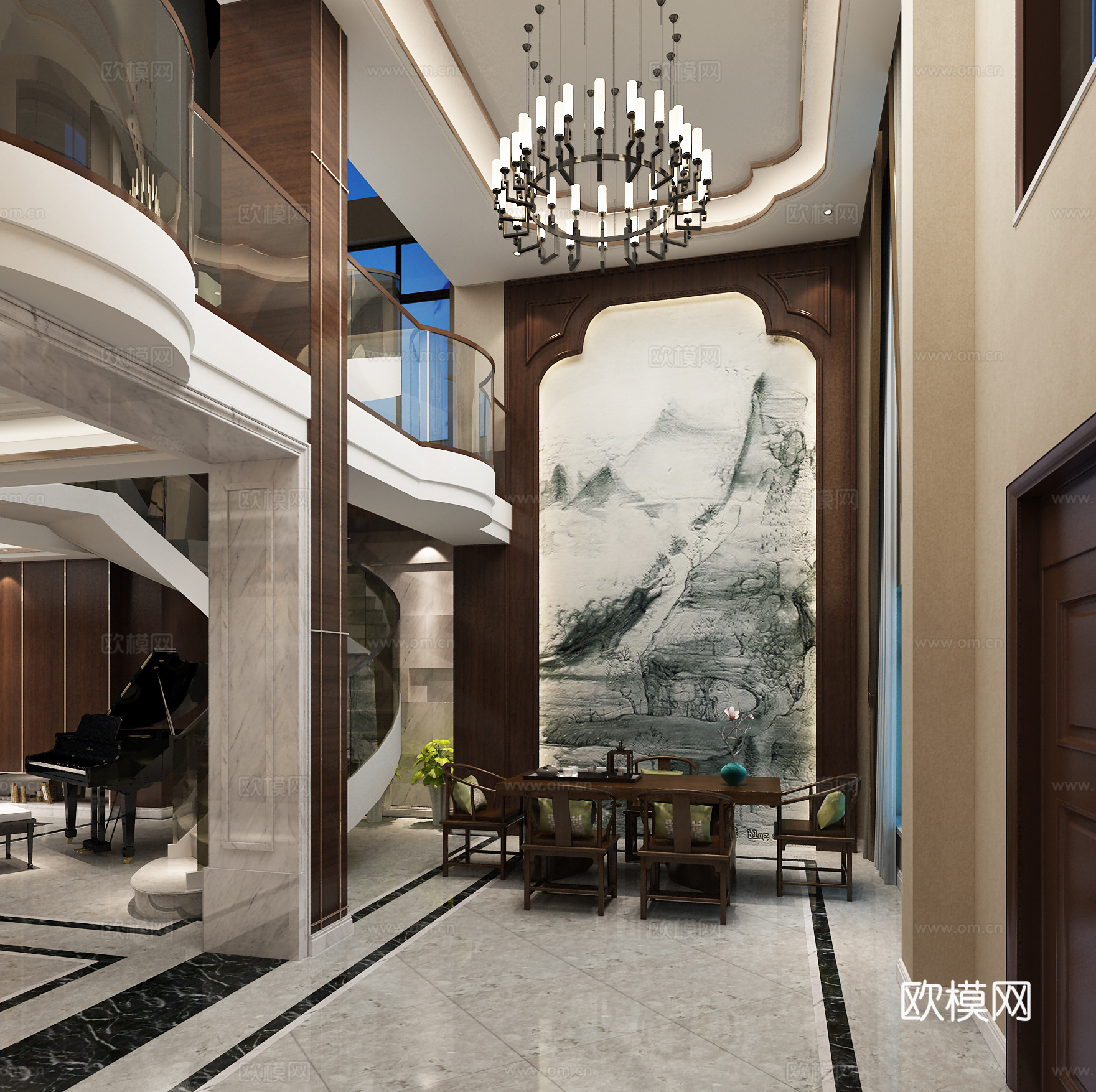 中式客厅 沙发组合 吊灯壁灯 钢琴 茶桌 壁画3d模型