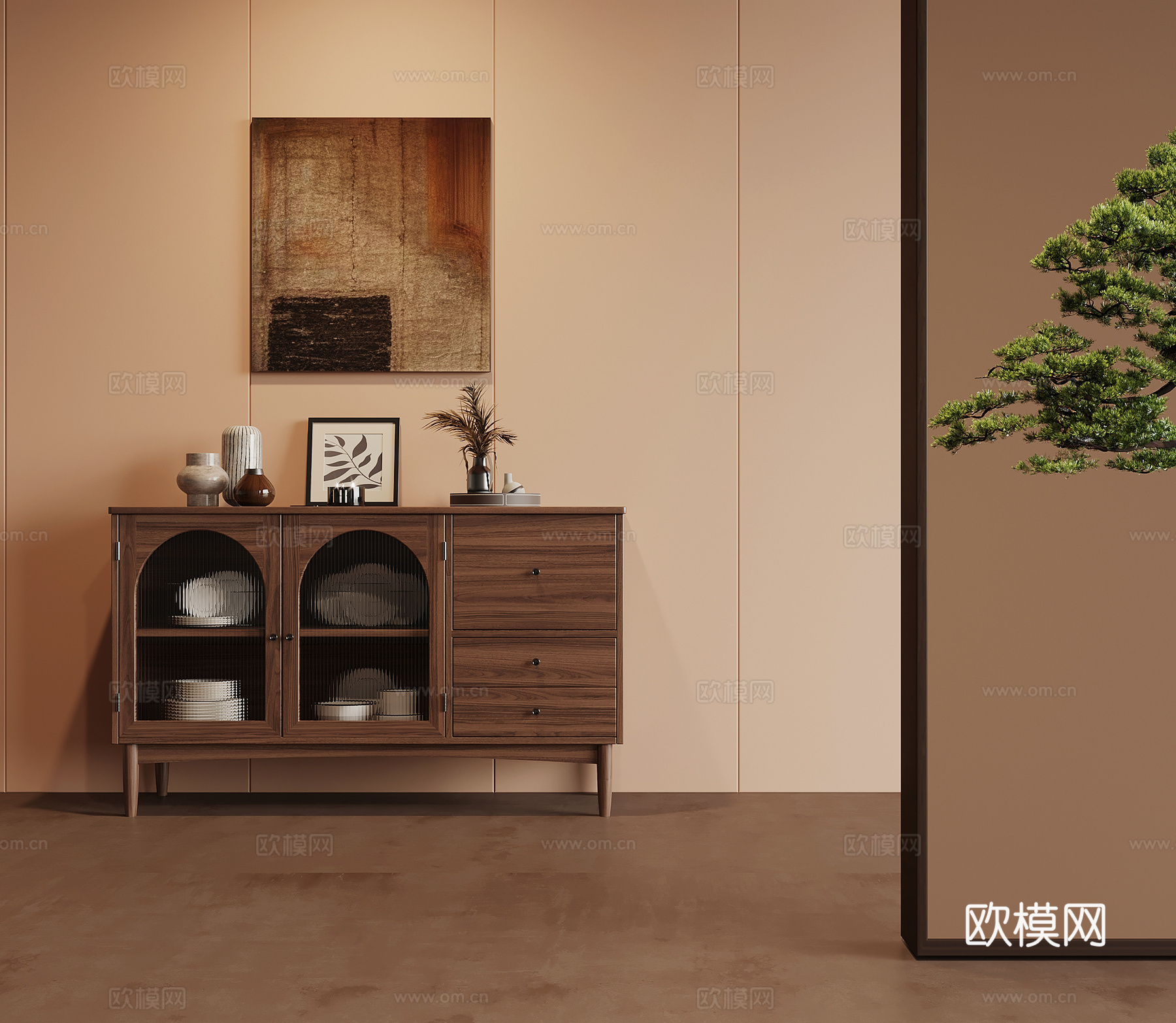08餐边柜 中古风餐边柜 玄关柜 饰品摆件 装饰画3d模型