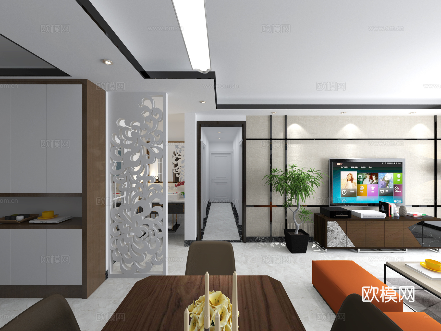 现代客餐厅 沙发 茶几 吊灯 电视柜 挂画 边柜 餐桌椅3d模型