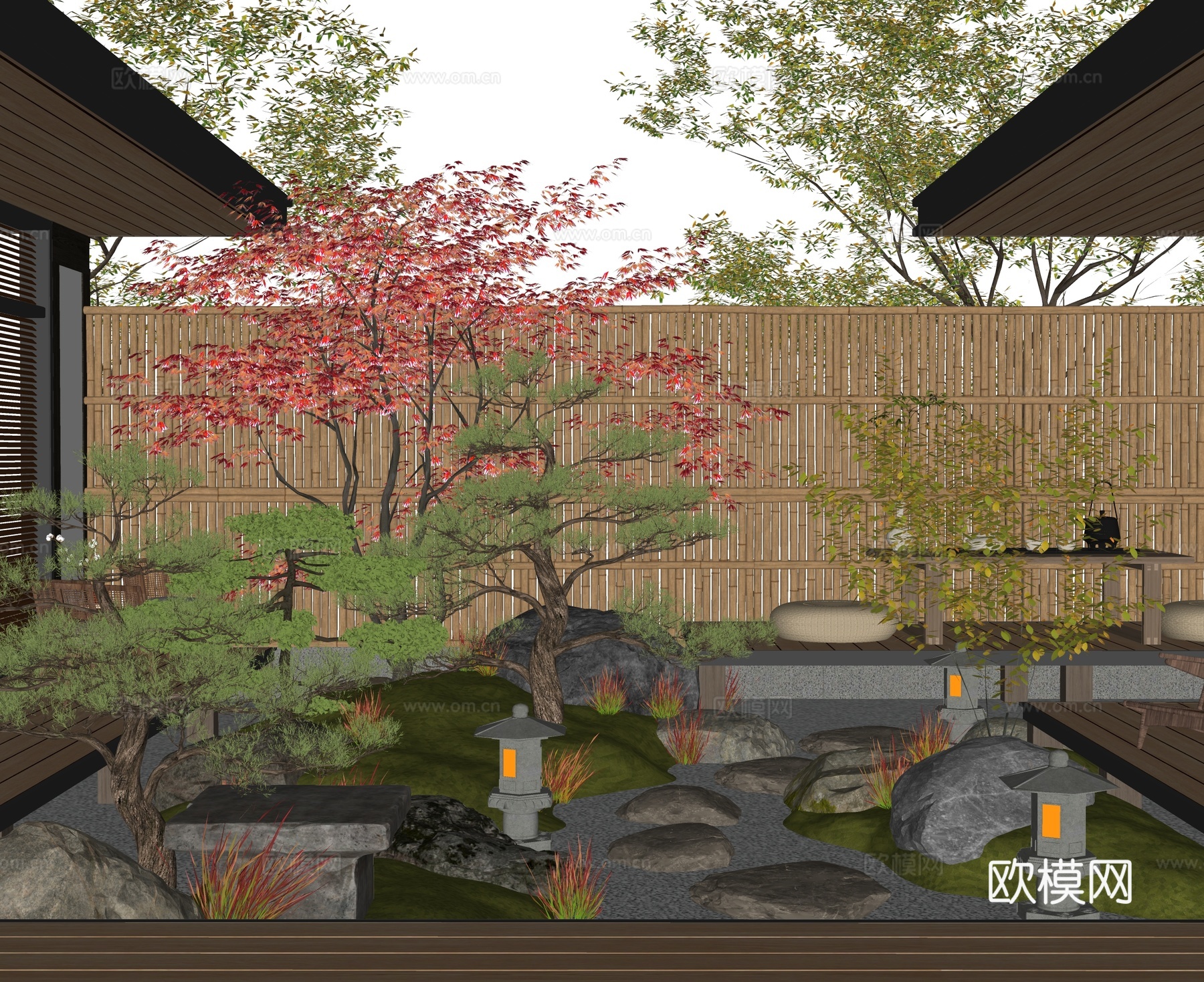 新中式禅意别墅庭院 中庭景观造型 庭院景观su模型