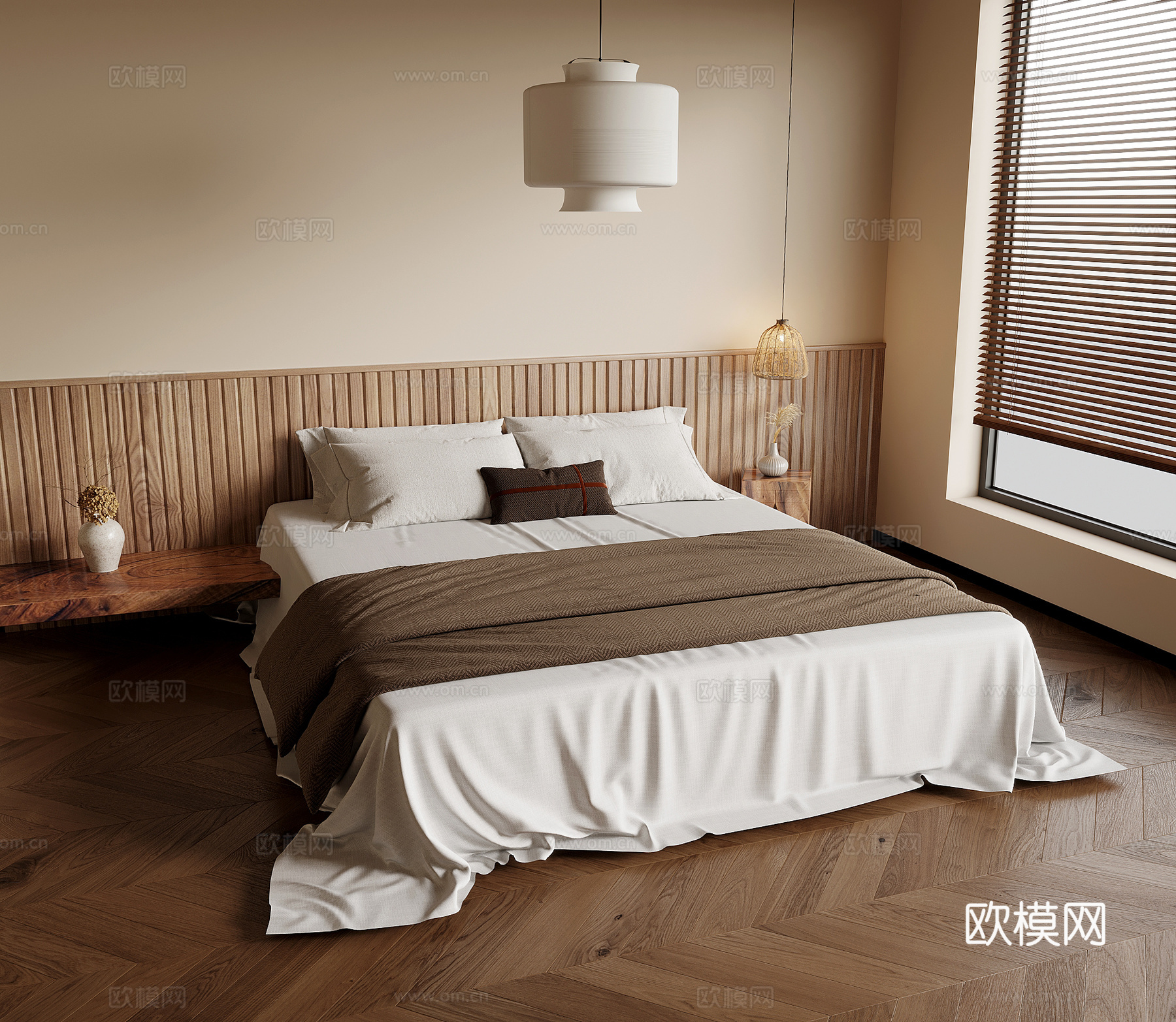 12卧室 诧寂风卧室 双人床 墙裙 床头背景 吊灯3d模型
