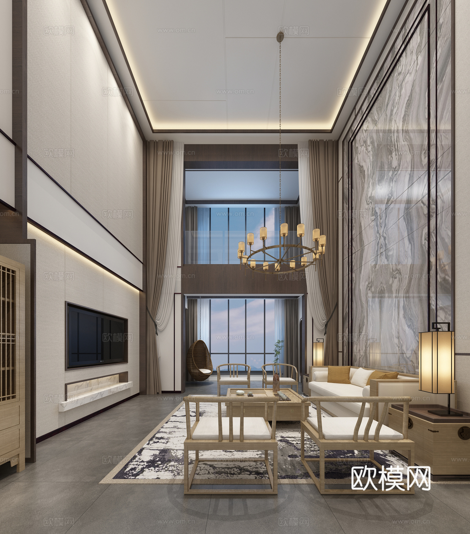 新中式客餐厅 餐桌椅 沙发 茶几 吊灯 台灯3d模型