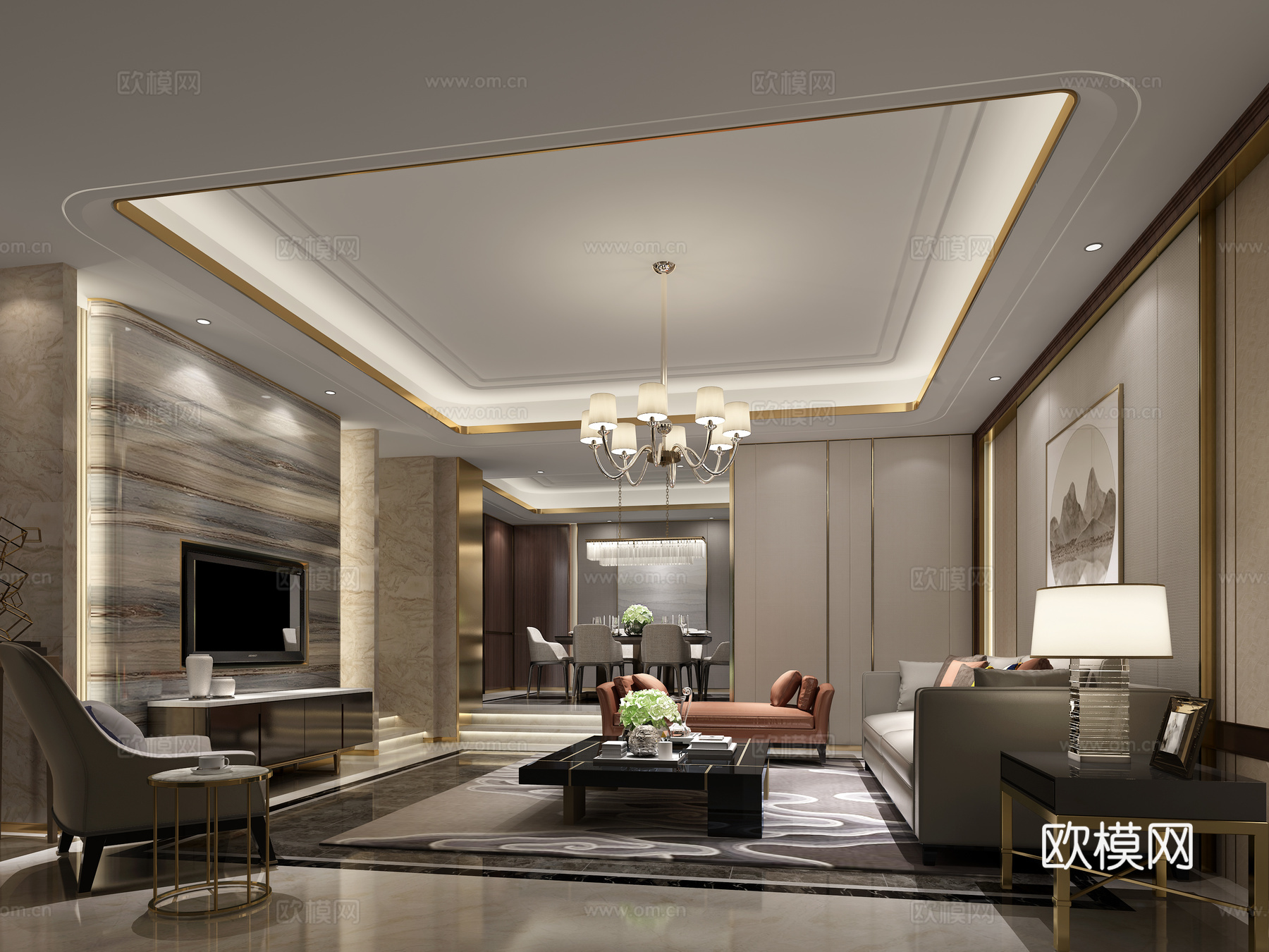 现代客餐厅 挂画 沙发 茶几 吊灯 边柜 电视柜3d模型