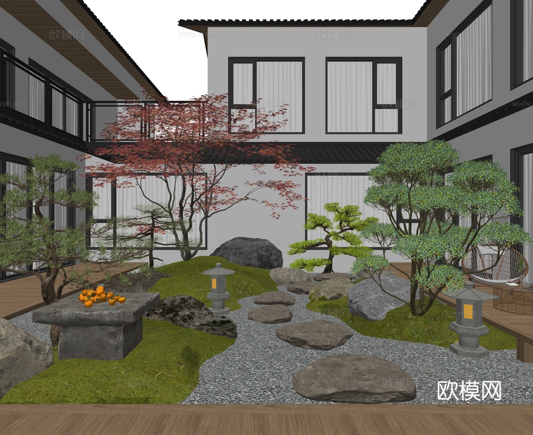 新中式禅意别墅庭院 中庭景观造型 庭院景观su模型