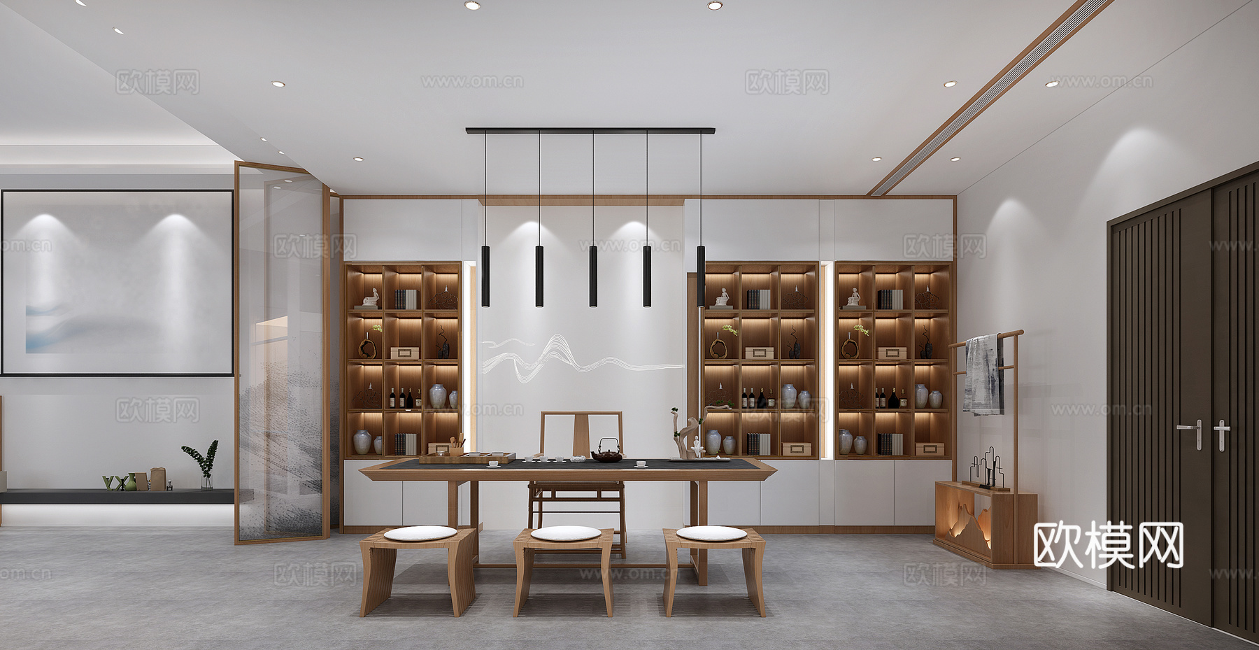 新中式地下室泡茶区泡茶桌装饰品3d模型