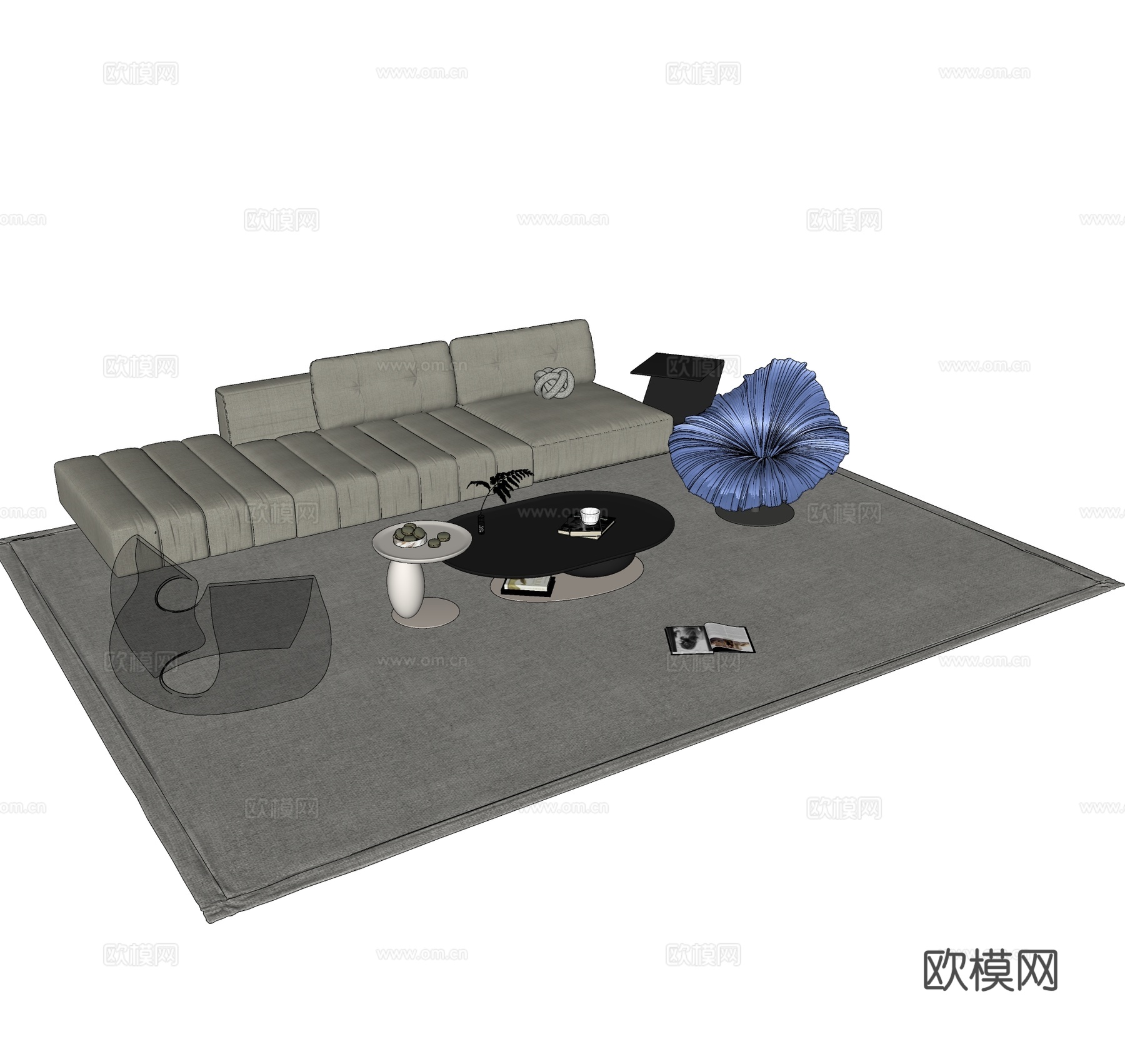 现代沙发茶几组合 布艺沙发 客厅沙发组合 休闲椅 边几角几su模型