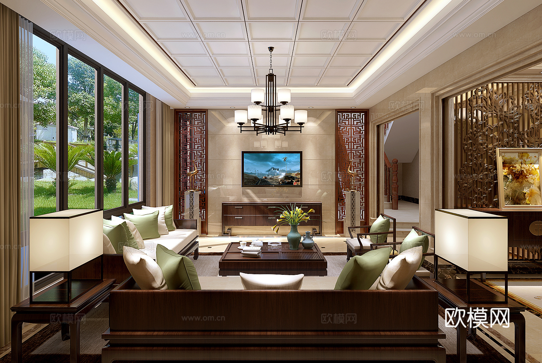 新中式客厅 沙发茶几 电视柜 吊灯 地毯 台灯 角几 玄3d模型