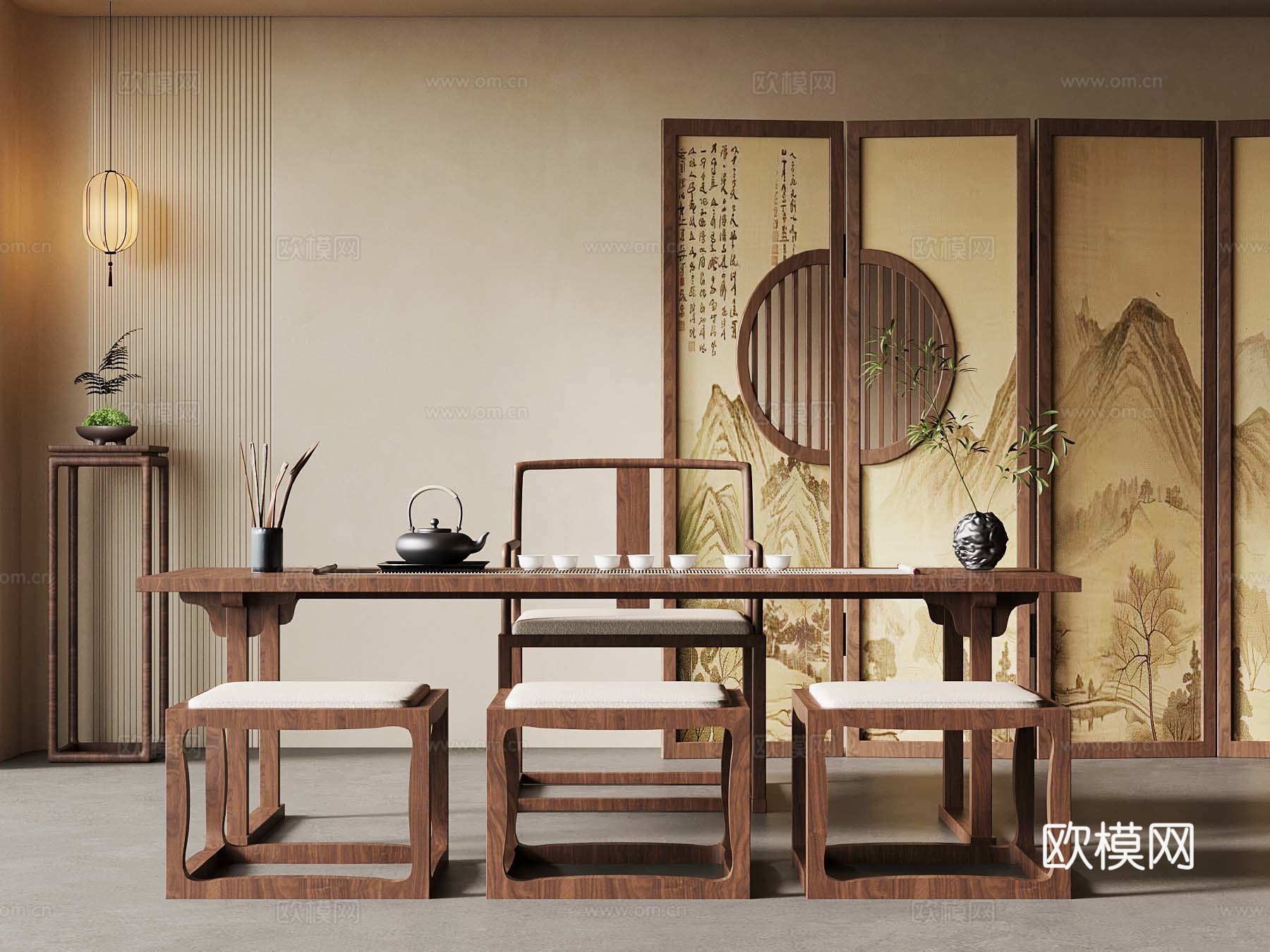 05新中式茶室 实木茶桌椅组合 茶水柜 屏风3d模型