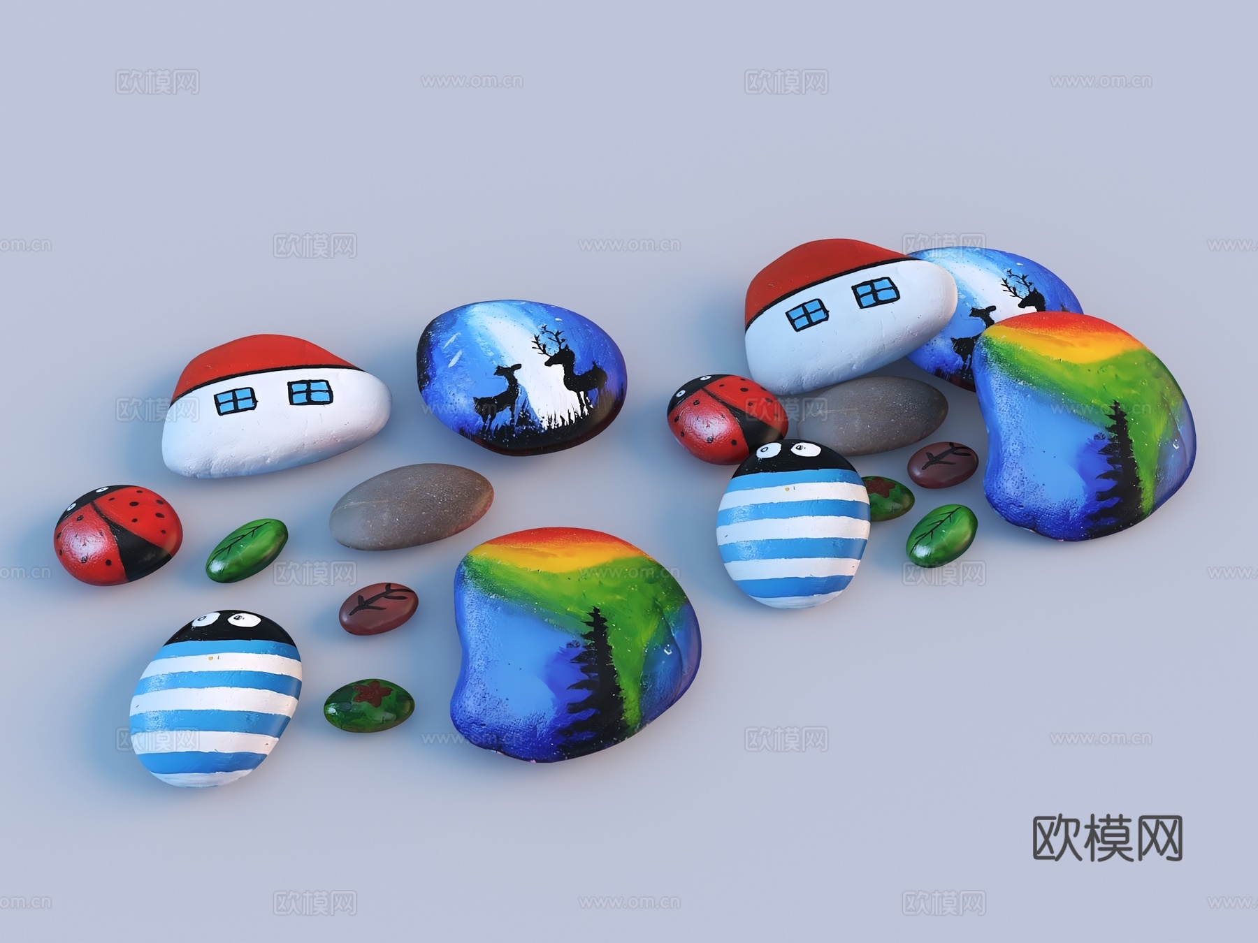 现代彩绘卵石  卵石画  彩绘石头 溪流石绘画3d模型