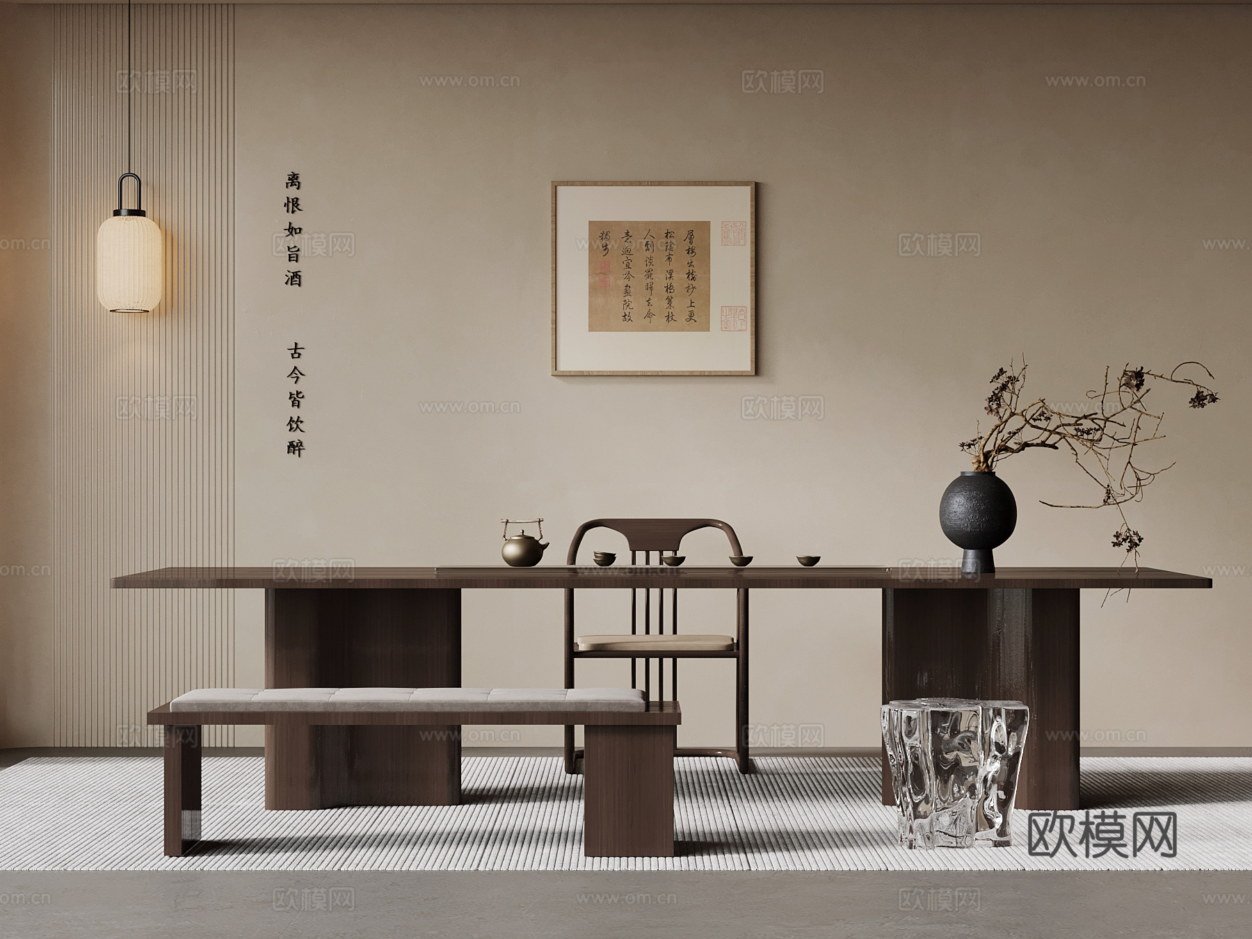 23新中式茶室 茶桌椅 吊灯 挂画3d模型