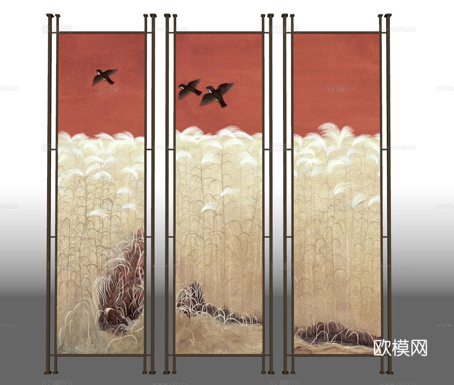 新中式屏风隔断 金属屏风su模型