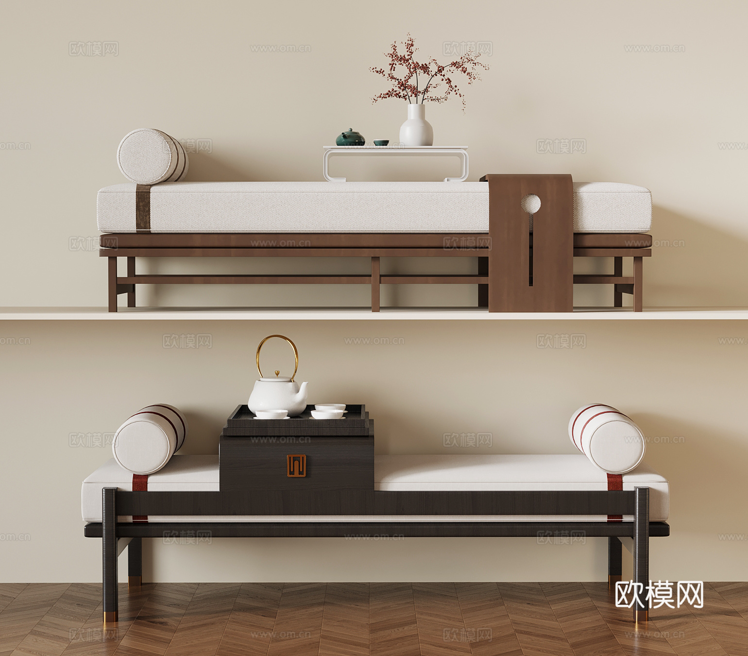 010床尾凳 中古风床尾凳 茶具摆件su模型