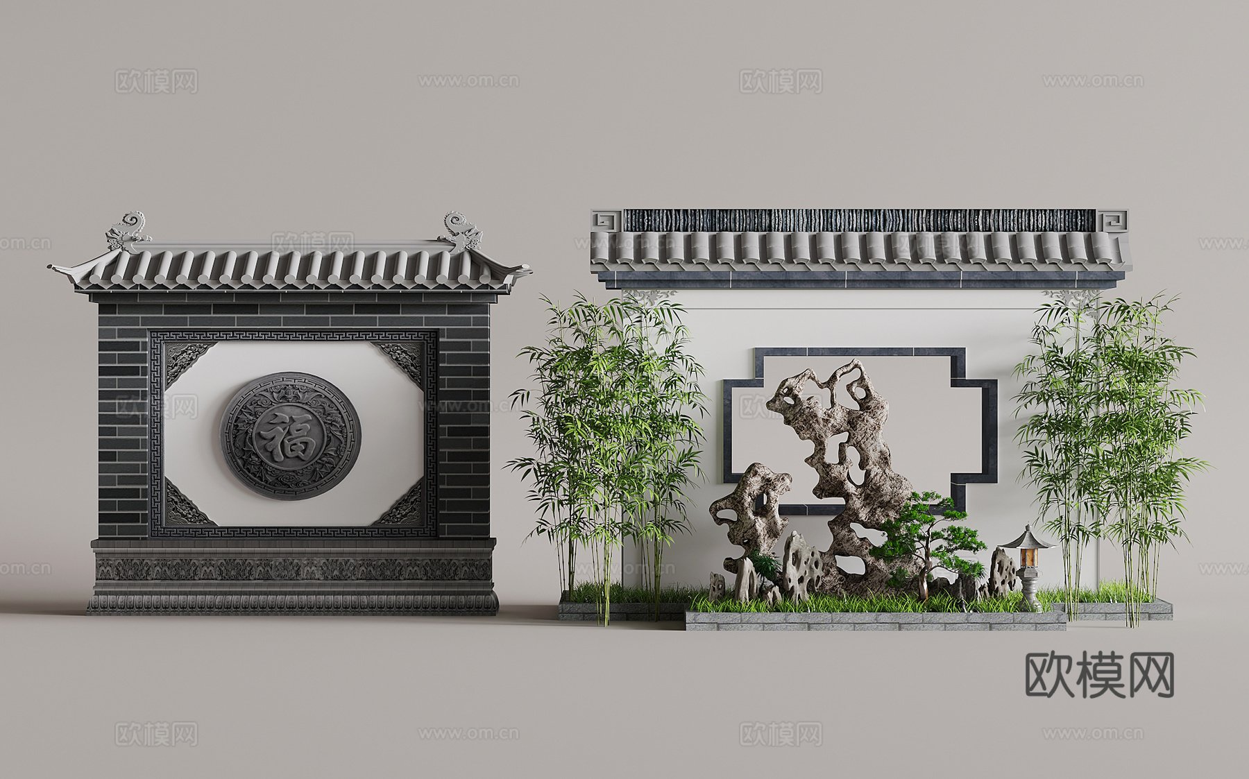 09影壁墙 中式景墙 照壁 影壁墙 景观3d模型