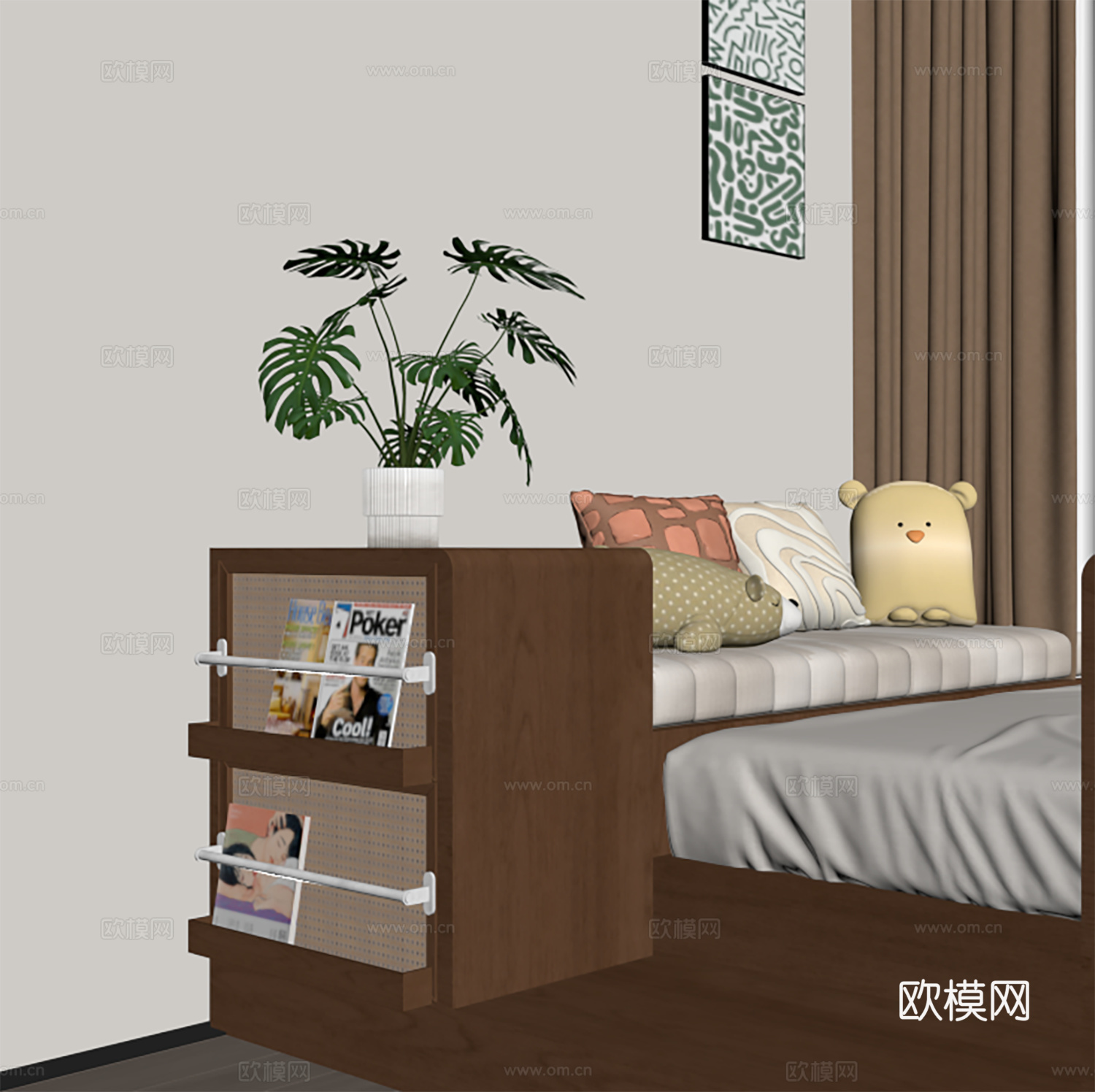 中古榻榻米卧室 榻榻米飘窗 床边台su模型